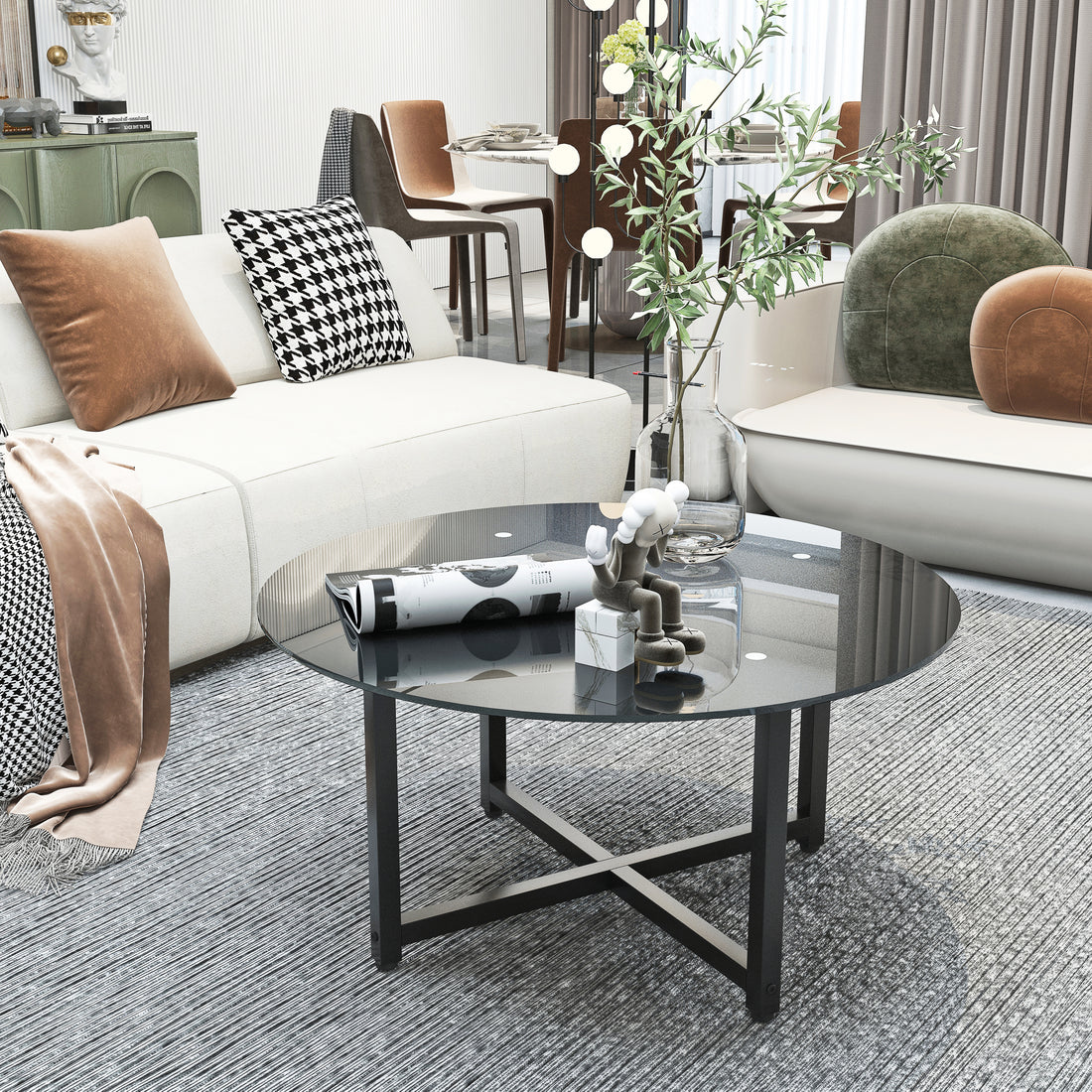 35.5'' Round Whole Black Coffee Table, Clear Coffee Table Modern Side Center Tables For Living Room Living Room Furniture Black Glass