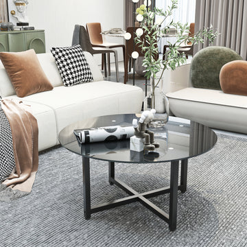 35.5'' Round Whole Black Coffee Table, Clear Coffee Table Modern Side Center Tables For Living Room Living Room Furniture Black Glass