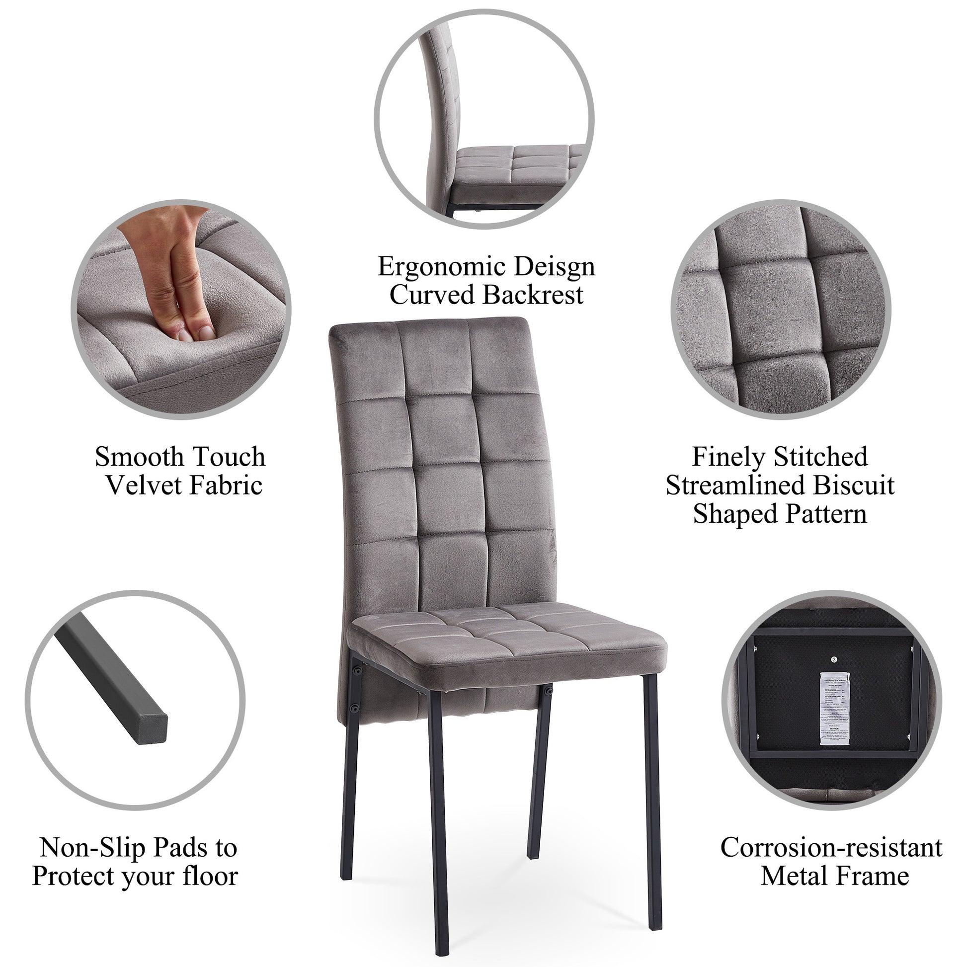 Grey Velvet High Back Nordic Dining Chair Modern Fabric Chair With Black Legs, Set Of 4 Metal Plaid Grey Dining Room Powder Coated Foam Dry Clean Modern Dining Chairs Solid Back Foam Velvet