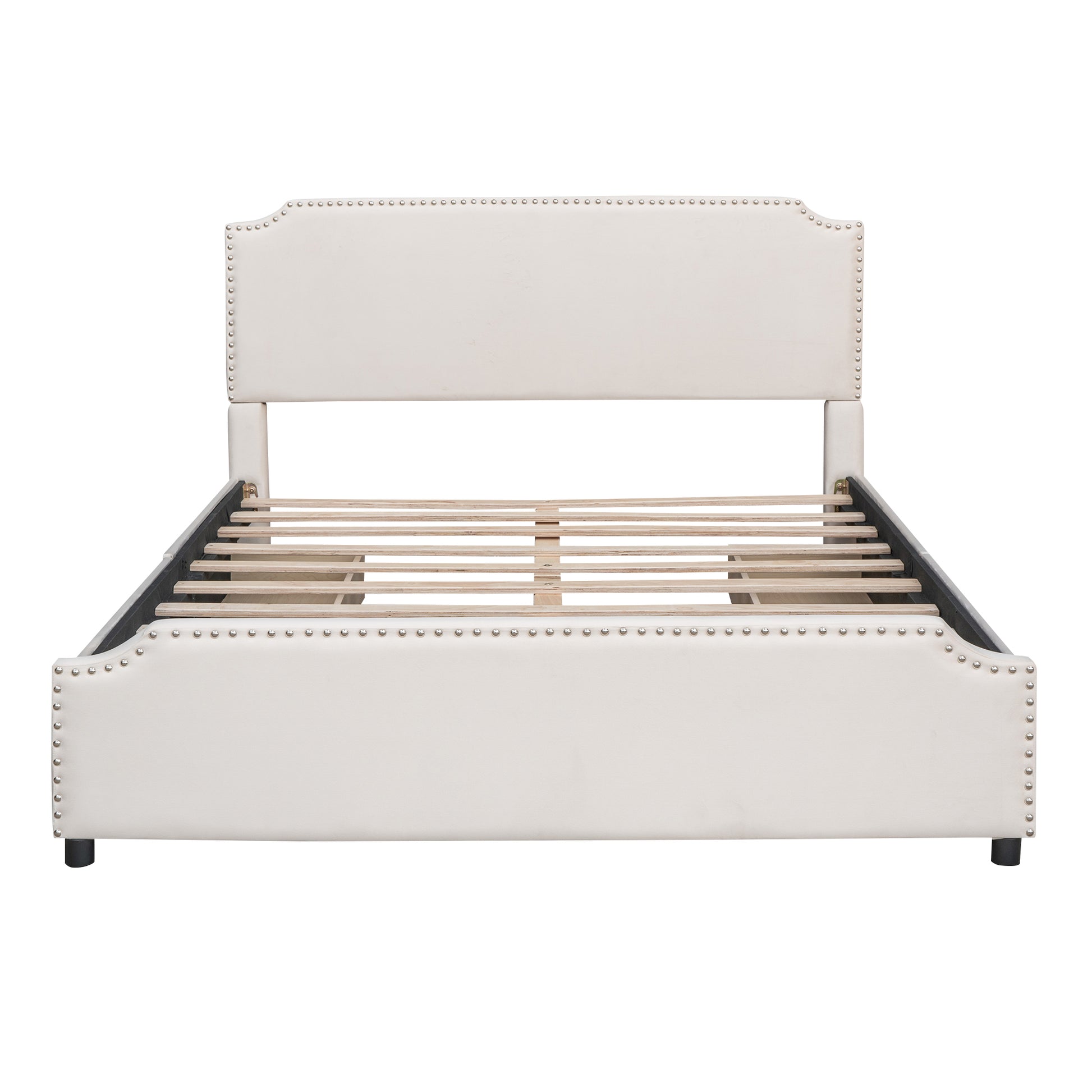 Upholstered Platform Bed With Stud Trim Headboard And Footboard And 4 Drawers No Box Spring Needed, Velvet Fabric, Queen Size Beige Beige Upholstered