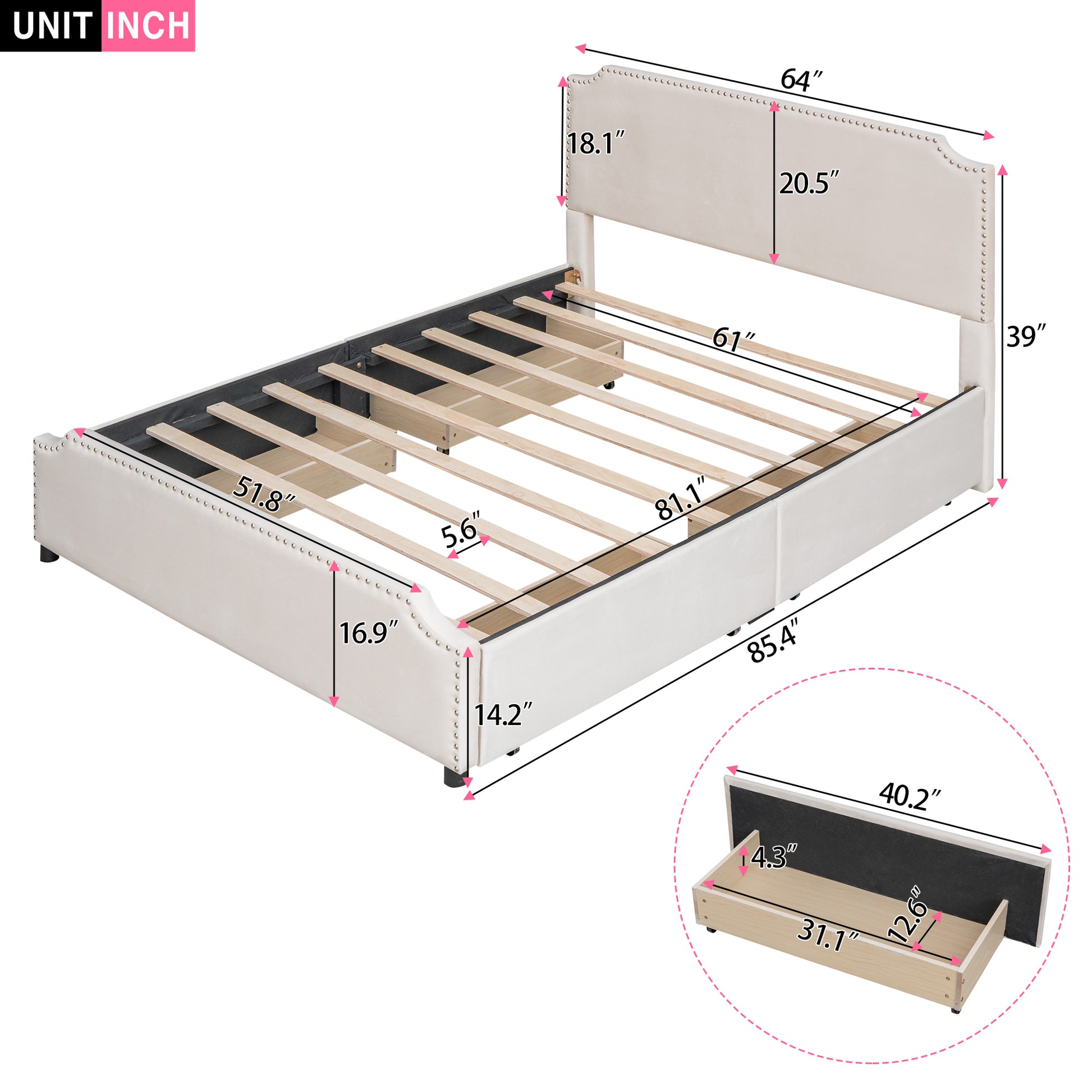 Upholstered Platform Bed With Stud Trim Headboard And Footboard And 4 Drawers No Box Spring Needed, Velvet Fabric, Queen Size Beige Beige Upholstered