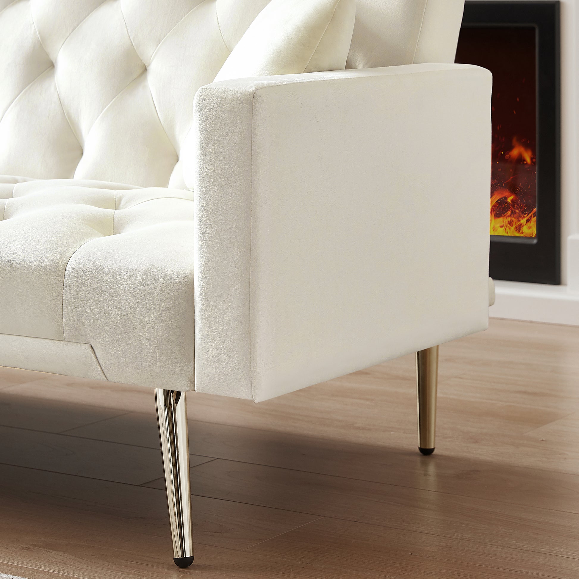 Cream White Convertible Folding Futon Sofa Bedsleeper Sofa Couch For Compact Living Space. Cream White Wood Primary Living Space Tufted Back Square Arms Foam Velvet