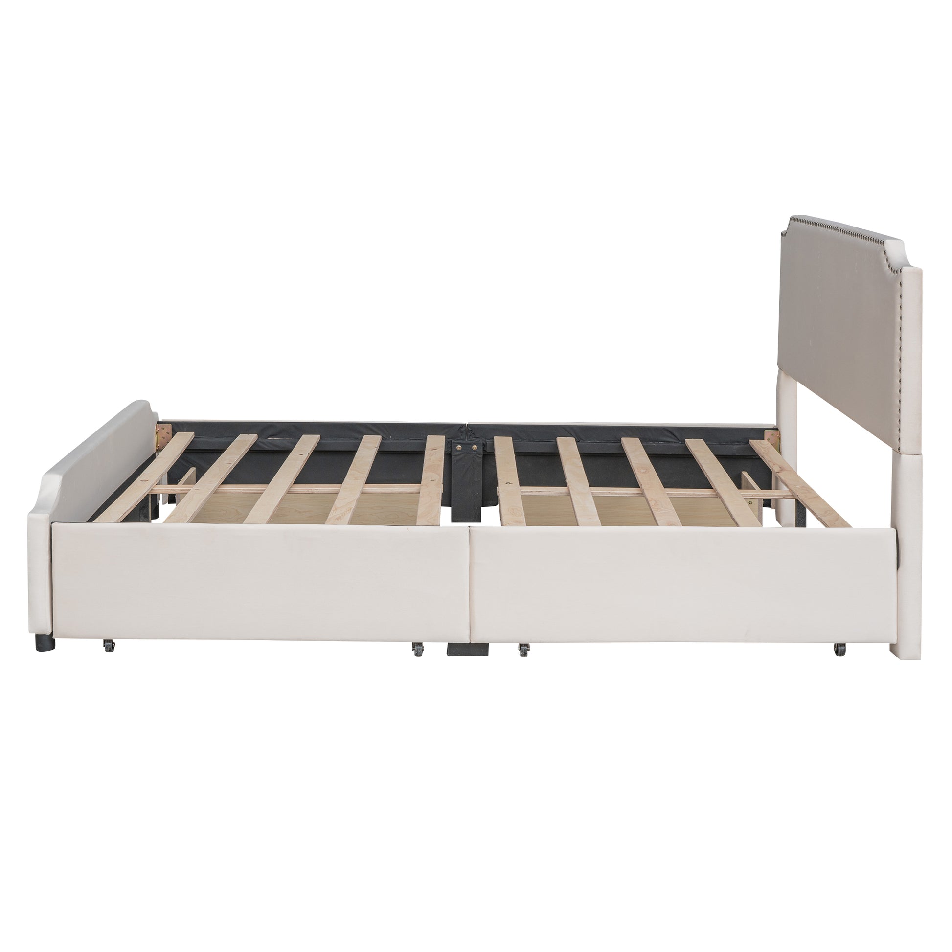 Upholstered Platform Bed With Stud Trim Headboard And Footboard And 4 Drawers No Box Spring Needed, Velvet Fabric, Queen Size Beige Beige Upholstered