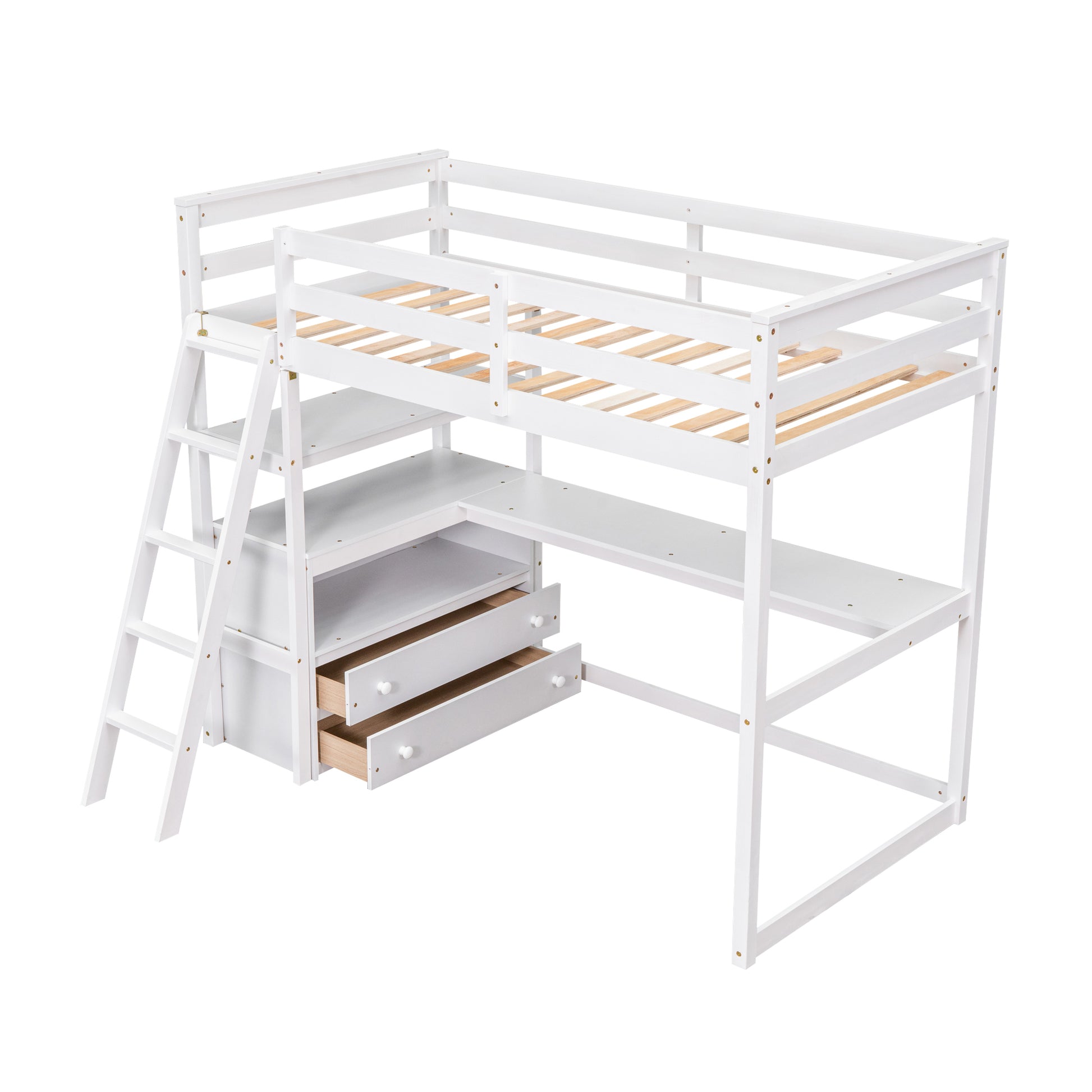 Twin Size Loft Bed With Desk And Shelves, Two Built In Drawers, White Old Sku: Gx000803Aak 1 White Pine