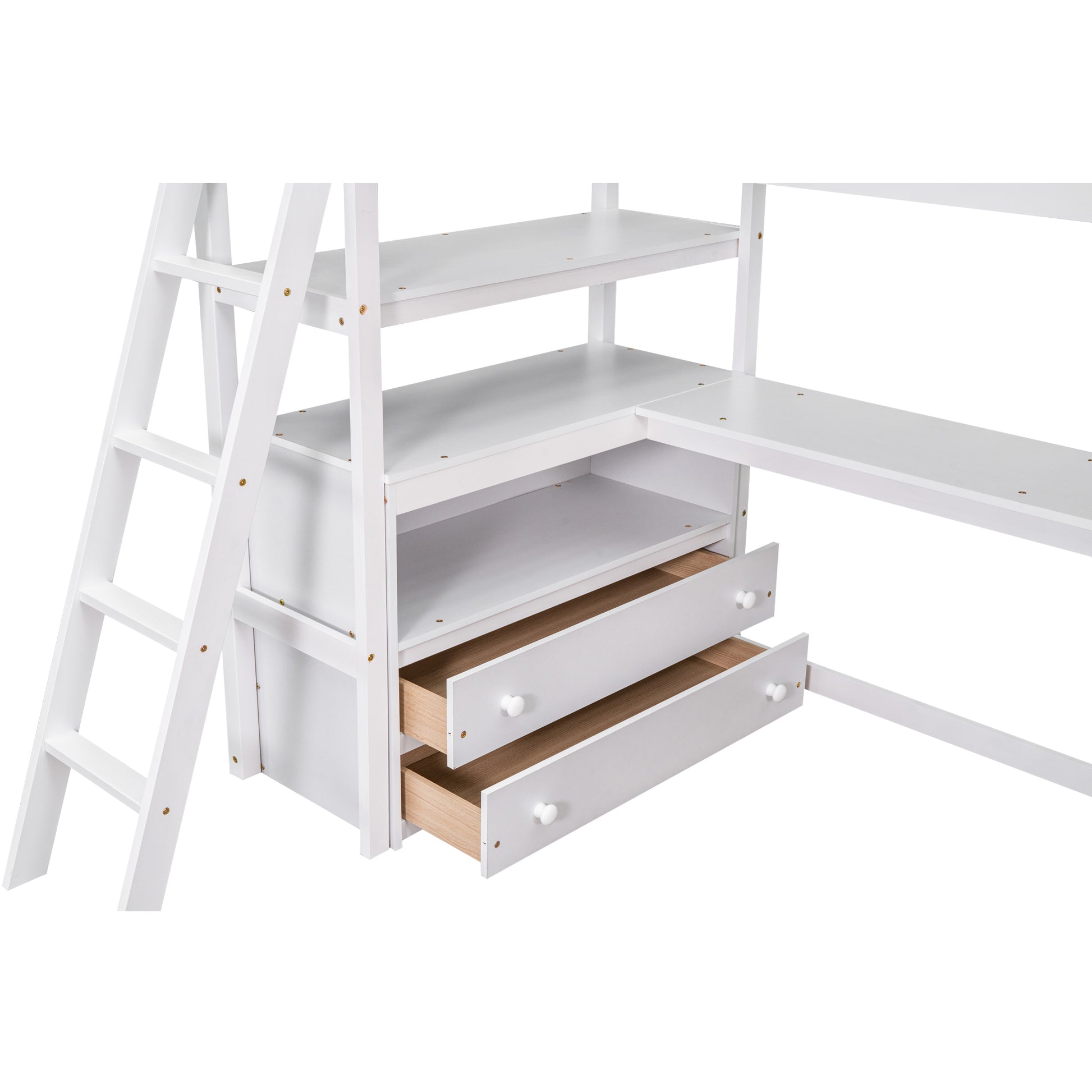 Twin Size Loft Bed With Desk And Shelves, Two Built In Drawers, White Old Sku: Gx000803Aak 1 White Pine