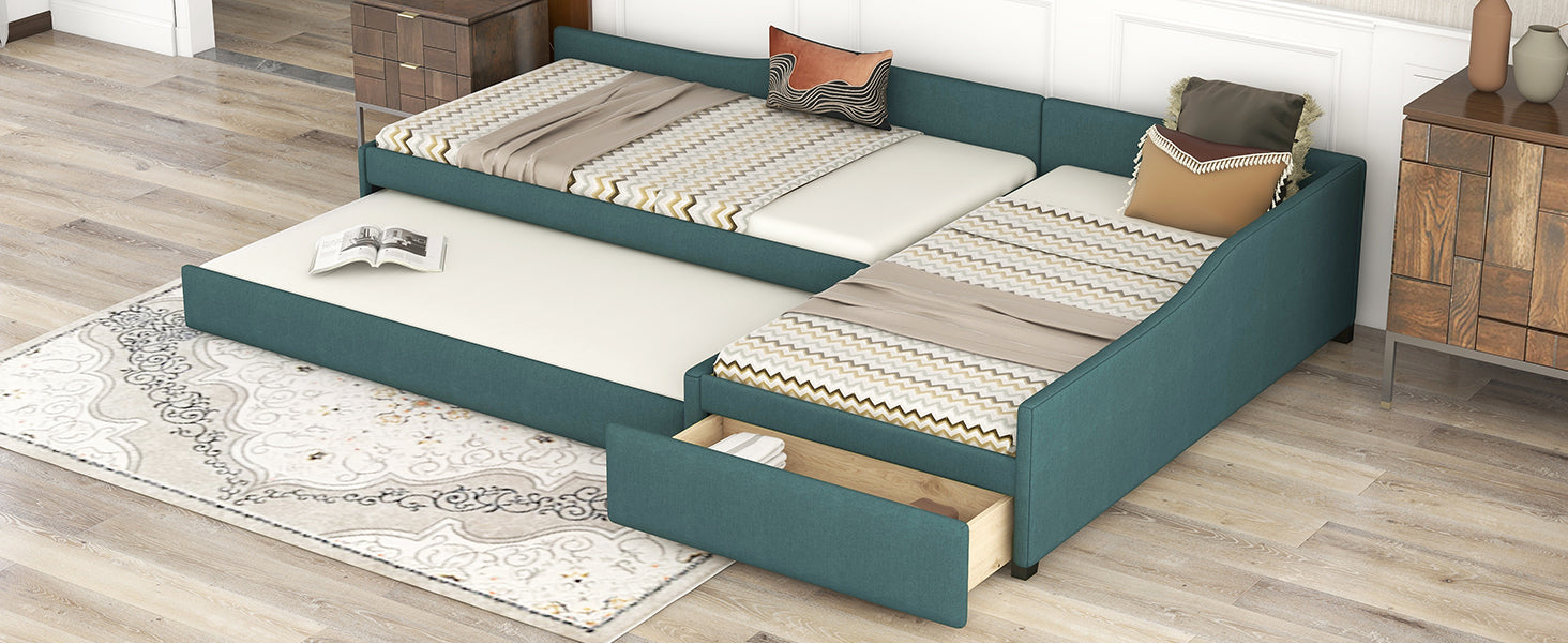 Upholstered Double Twin Size Daybed With Trundle And Drawer, Green Green Plywood