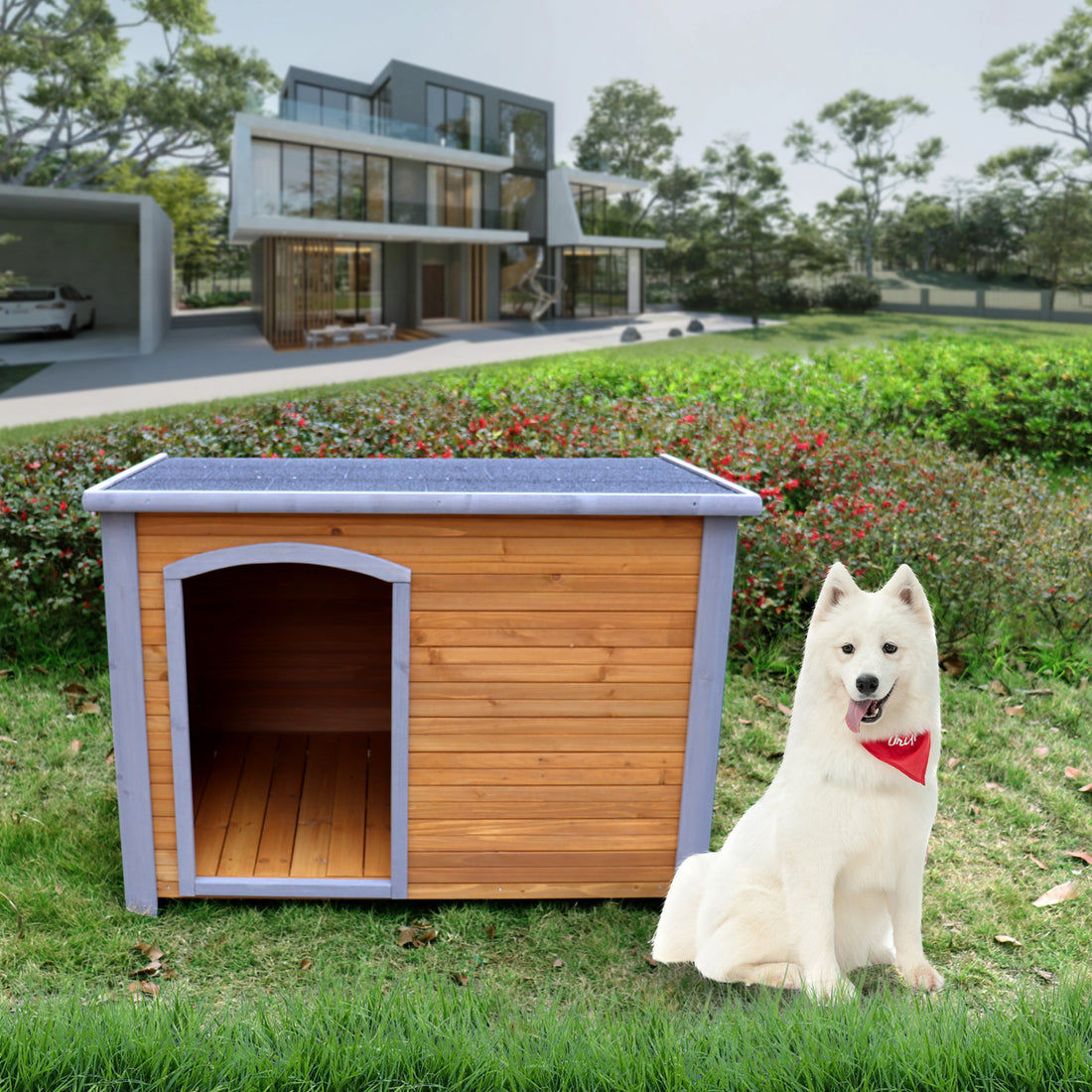 Dog House Outdoor & Indoor Wooden Dog Kennel For Winter With Raised Feet Weatherproof For Large Dogs Natural Solid Wood