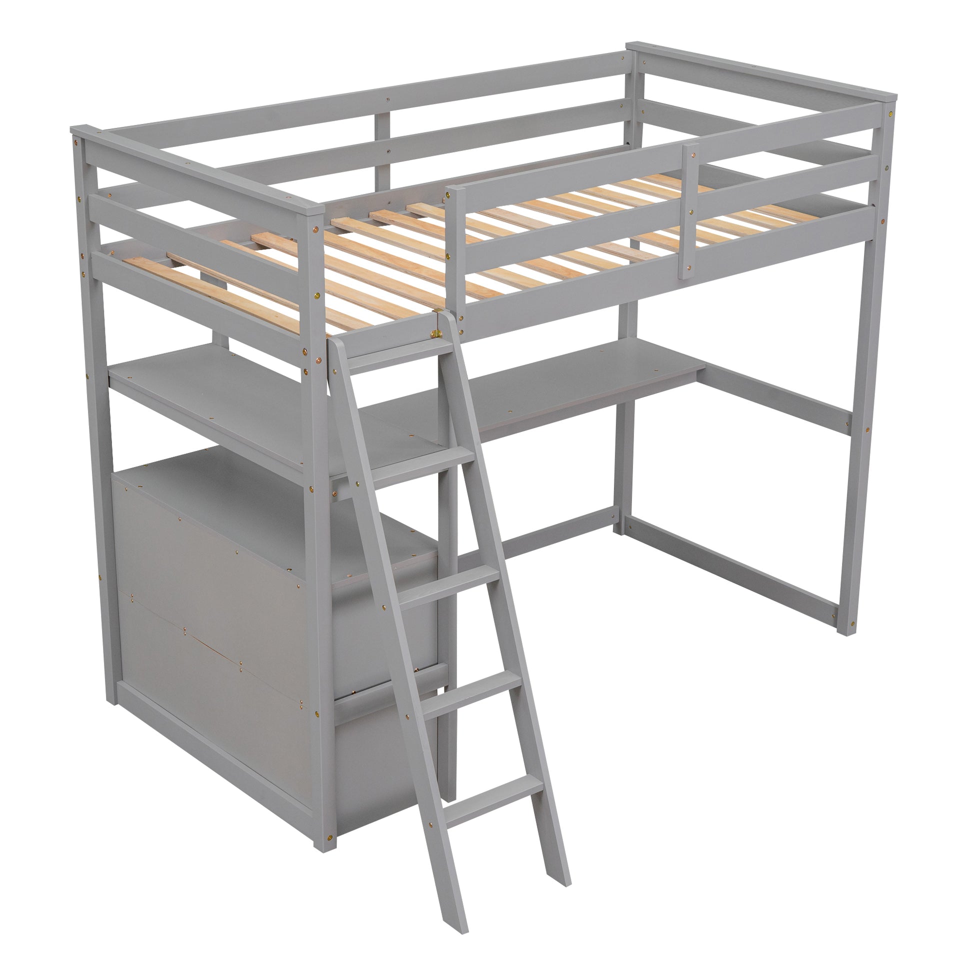 Twin Size Loft Bed With Desk And Shelves, Two Built In Drawers, Gray Old Sku:Gx000803Aae 1 Gray Pine