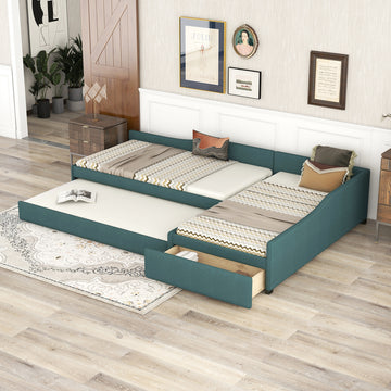 Upholstered Double Twin Size Daybed With Trundle And Drawer, Green Green Plywood