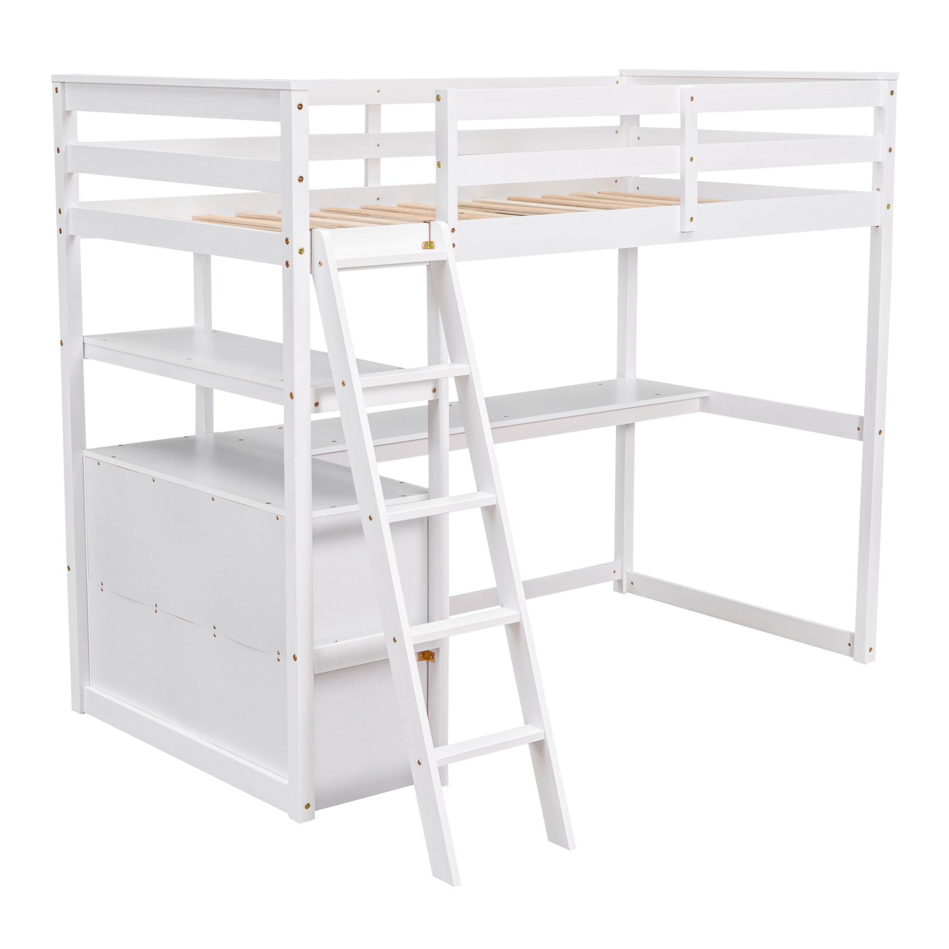 Twin Size Loft Bed With Desk And Shelves, Two Built In Drawers, White Old Sku: Gx000803Aak 1 White Pine