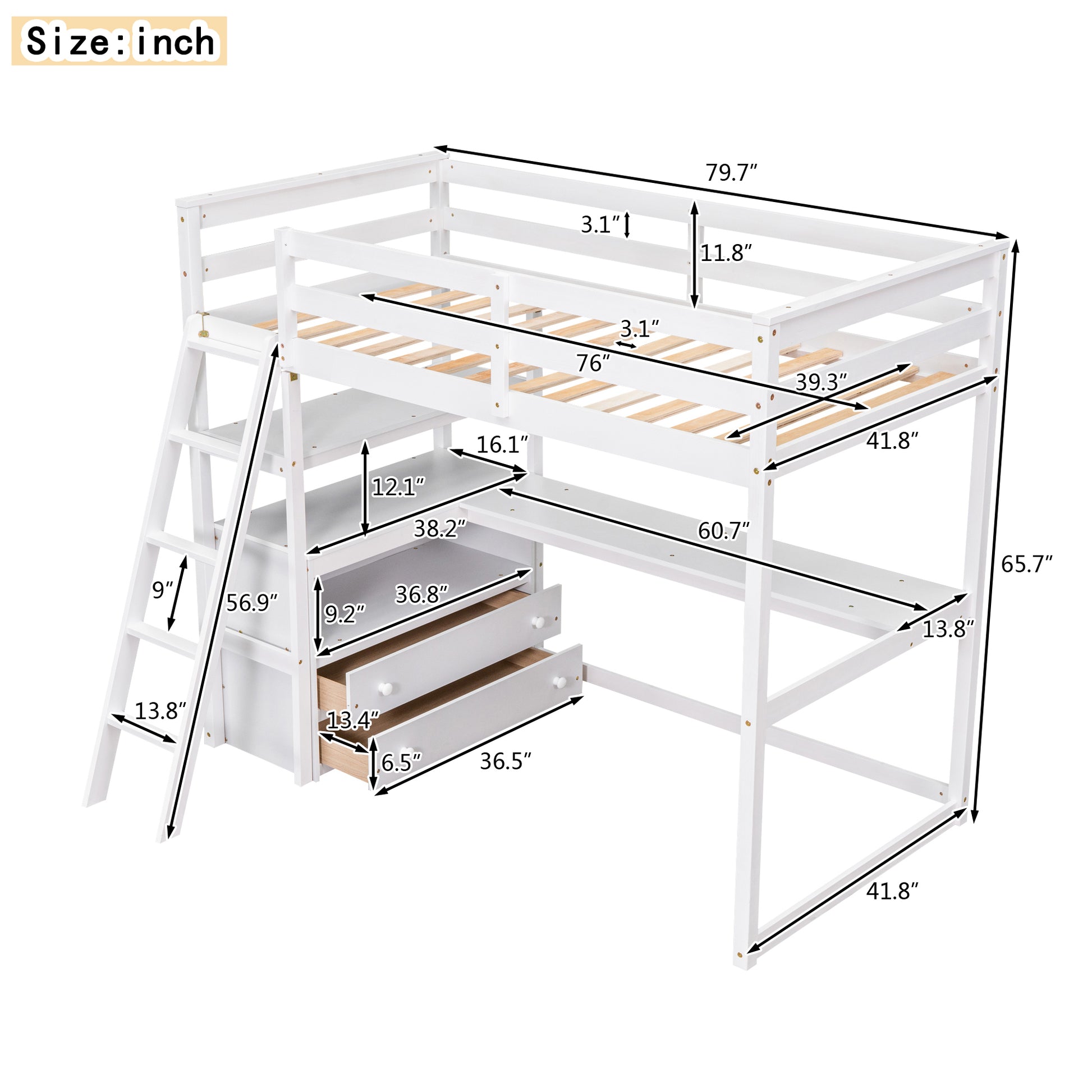 Twin Size Loft Bed With Desk And Shelves, Two Built In Drawers, White Old Sku: Gx000803Aak 1 White Pine