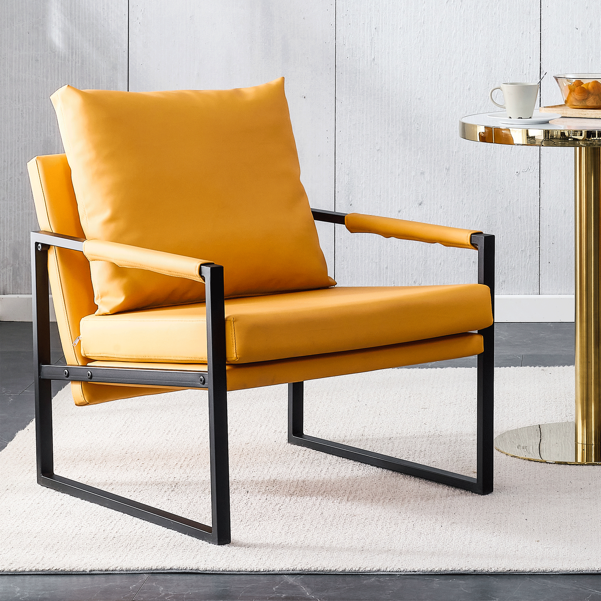 Pu Leather Armchair, Medieval Metal Frame Cushion Backrest Living Room Sofa Chair Orange Pu Leather Metal Frame Foam 2 Pieces Sf 008 Orange Foam Pu