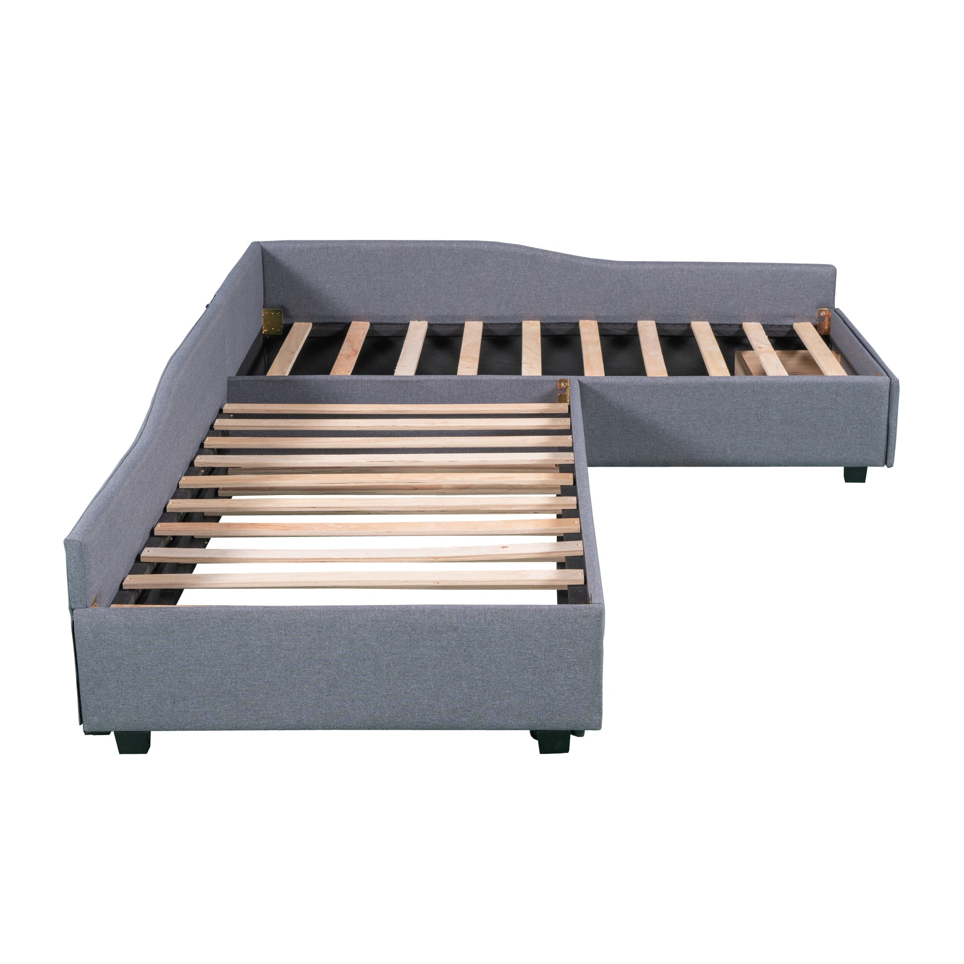 Upholstered Double Twin Size Daybed With Trundle And Drawer, Gray Gray Plywood