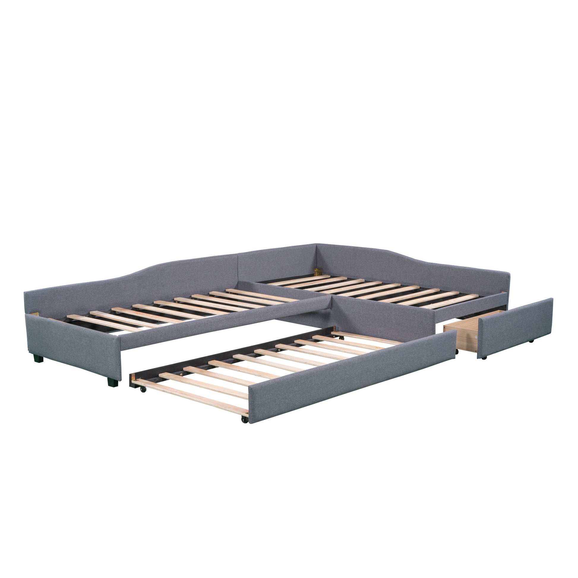 Upholstered Double Twin Size Daybed With Trundle And Drawer, Gray Gray Plywood