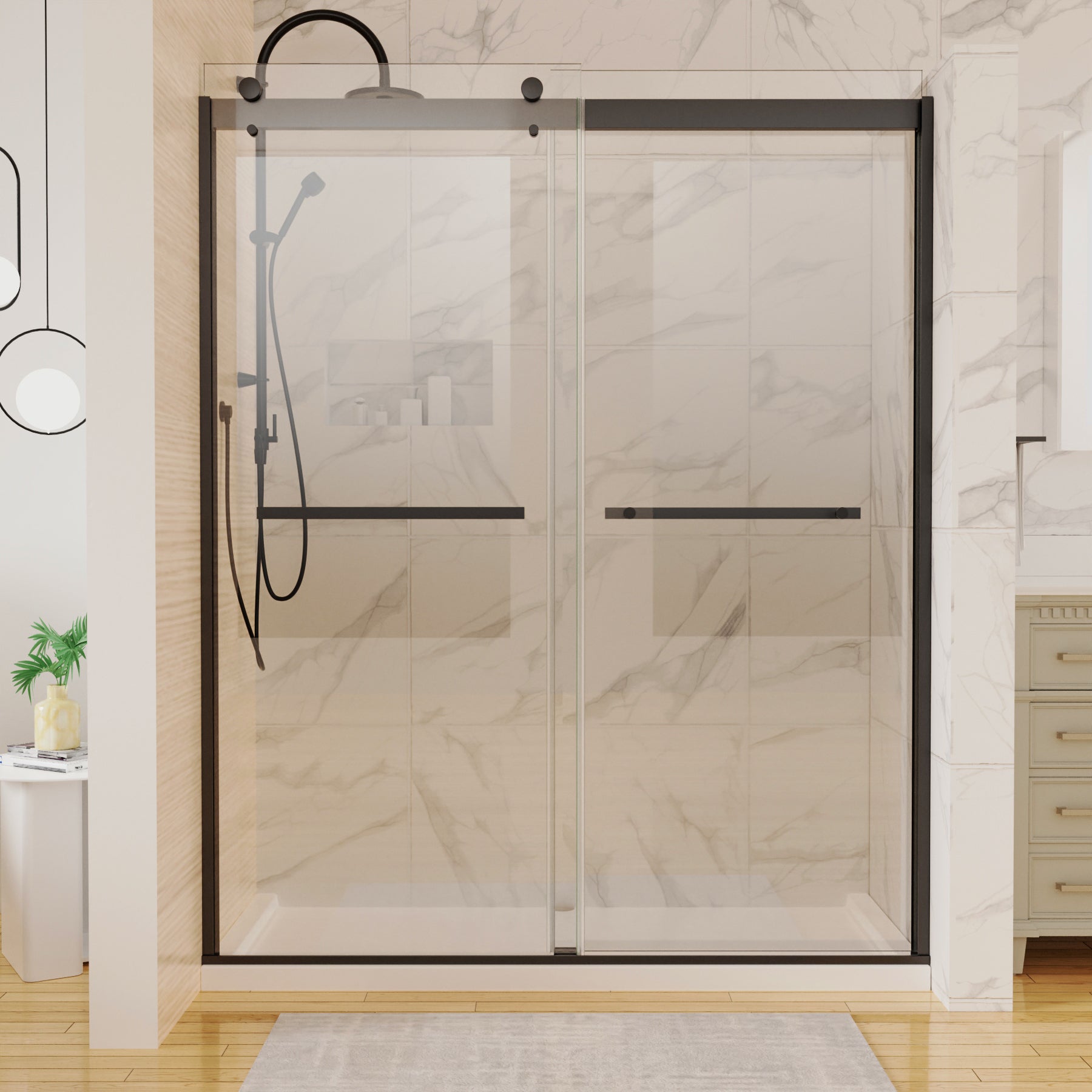 60 In. W X 74 In. H Shower Door In Matte Black With 5 16 In. 8 Mm Clear Glass Matte Black Aluminium