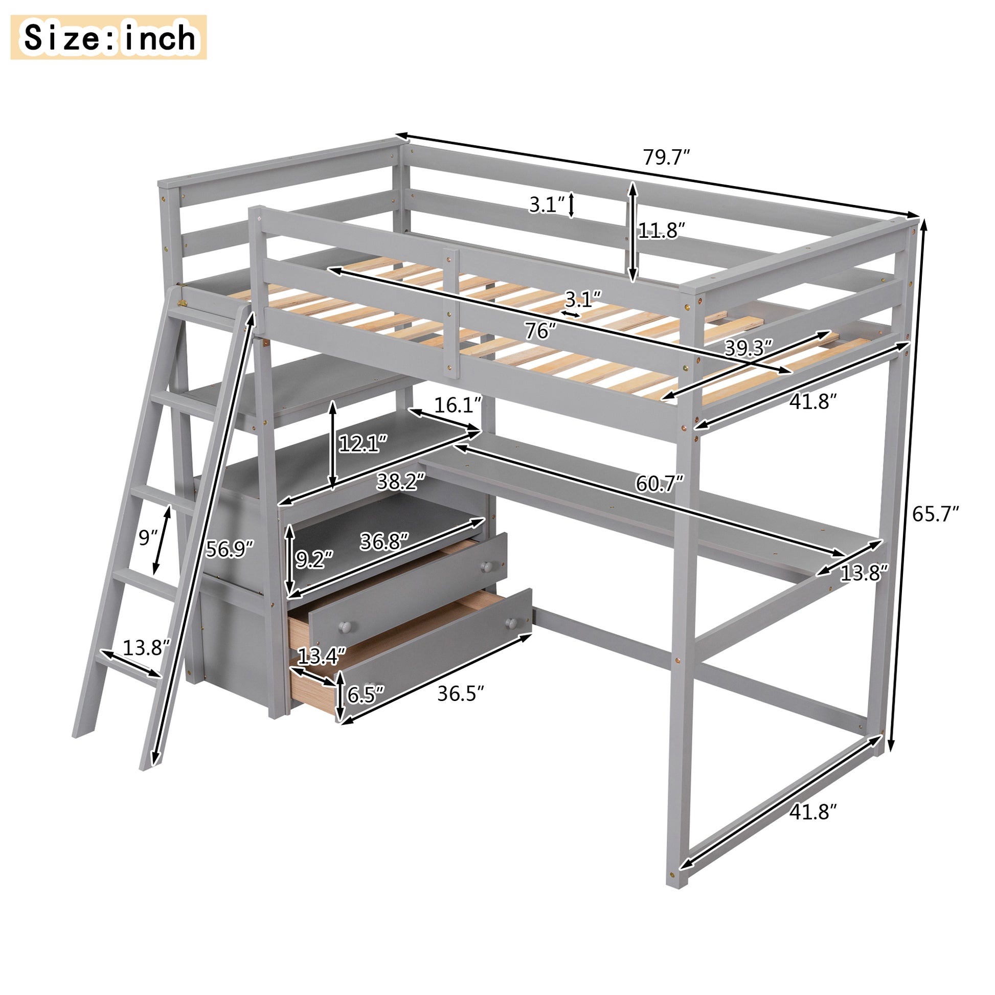 Twin Size Loft Bed With Desk And Shelves, Two Built In Drawers, Gray Old Sku:Gx000803Aae 1 Gray Pine