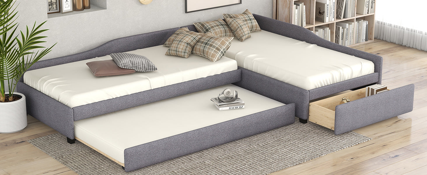Upholstered Double Twin Size Daybed With Trundle And Drawer, Gray Gray Plywood