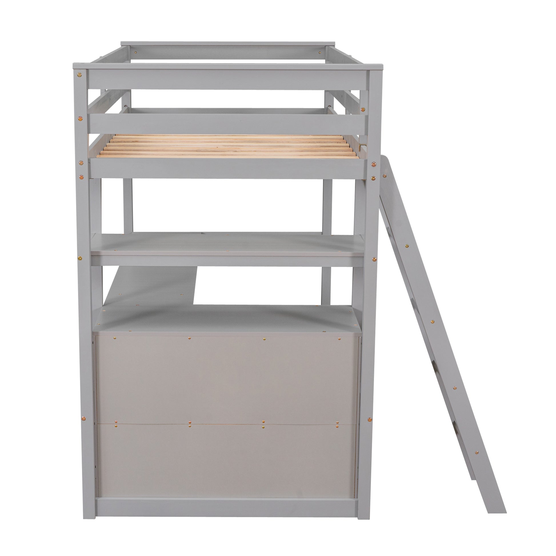 Twin Size Loft Bed With Desk And Shelves, Two Built In Drawers, Gray Old Sku:Gx000803Aae 1 Gray Pine