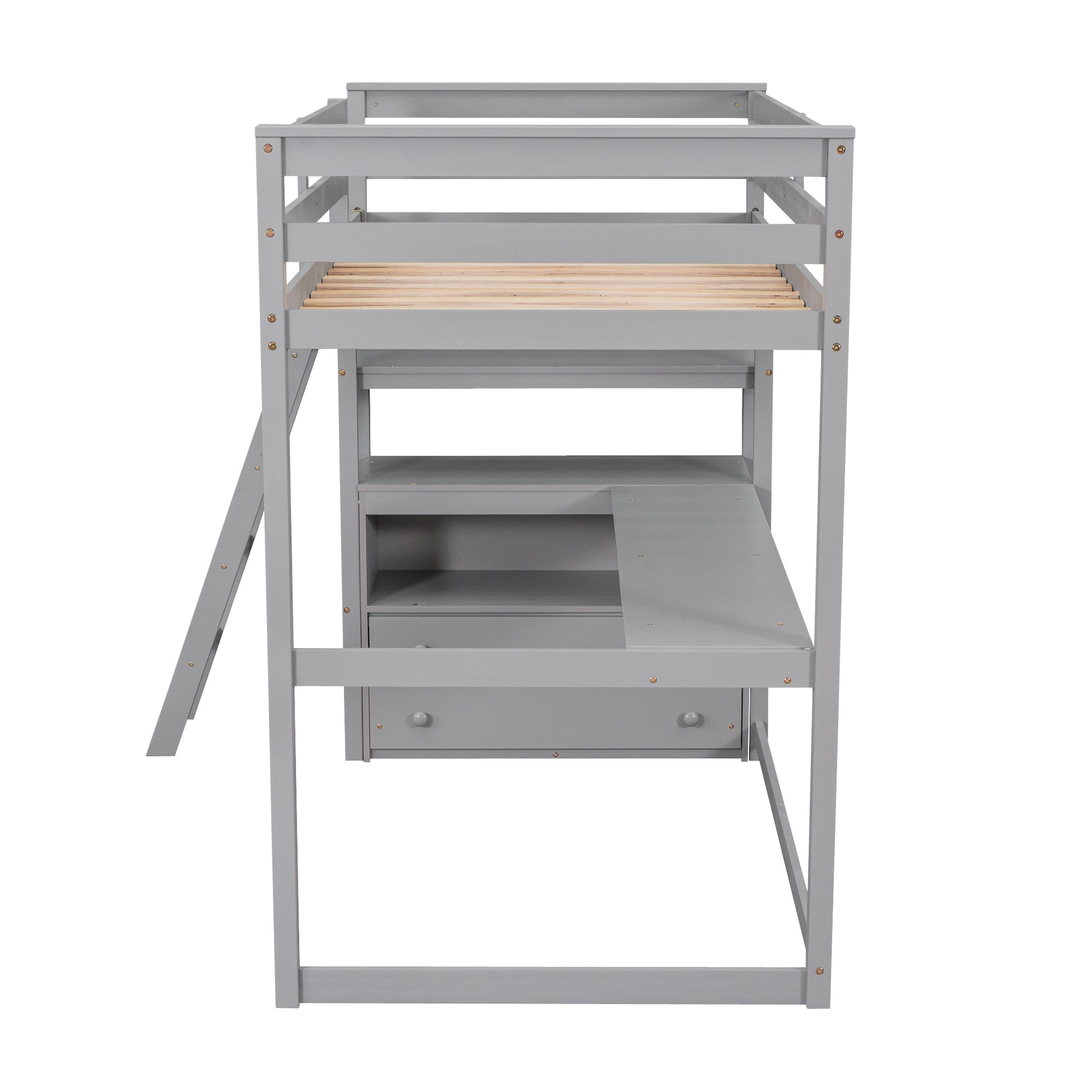 Twin Size Loft Bed With Desk And Shelves, Two Built In Drawers, Gray Old Sku:Gx000803Aae 1 Gray Pine