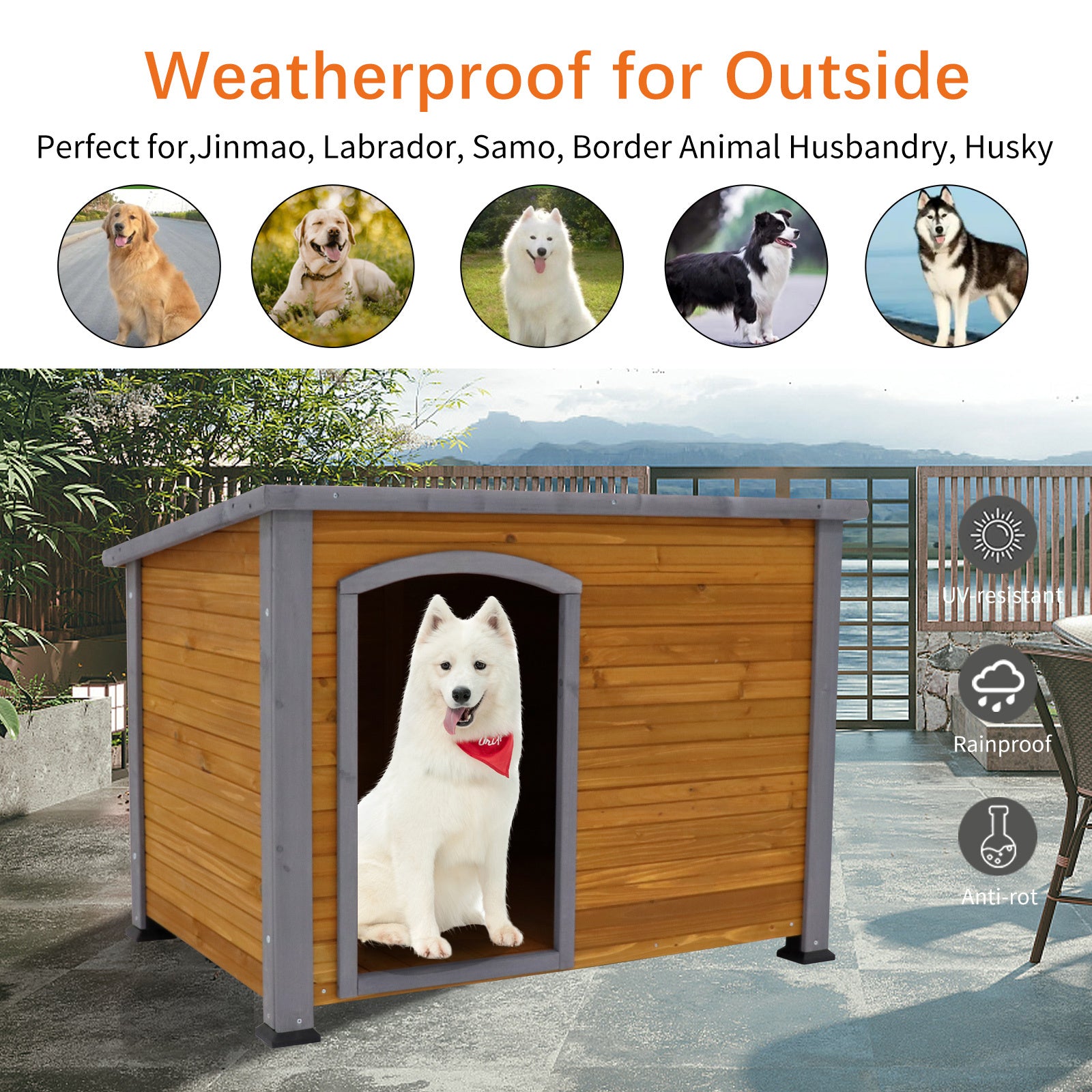 Dog House Outdoor & Indoor Wooden Dog Kennel For Winter With Raised Feet Weatherproof For Large Dogs Natural Solid Wood