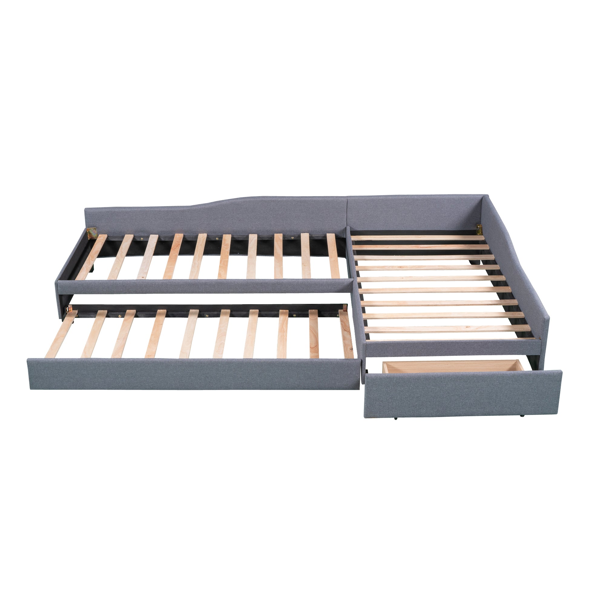 Upholstered Double Twin Size Daybed With Trundle And Drawer, Gray Gray Plywood