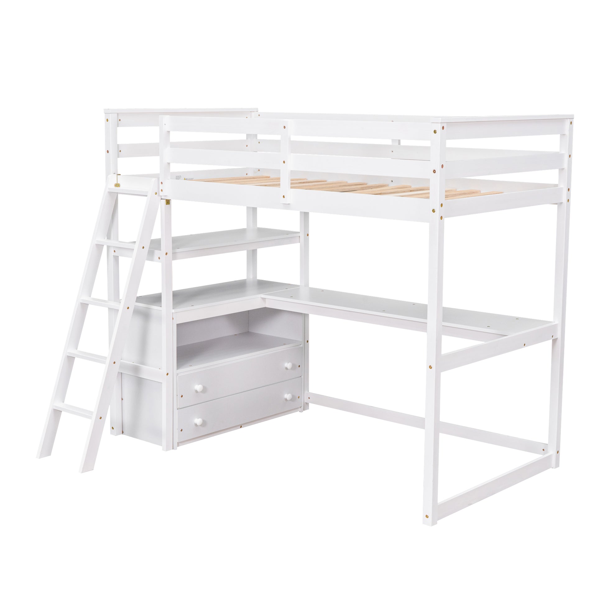 Twin Size Loft Bed With Desk And Shelves, Two Built In Drawers, White Old Sku: Gx000803Aak 1 White Pine