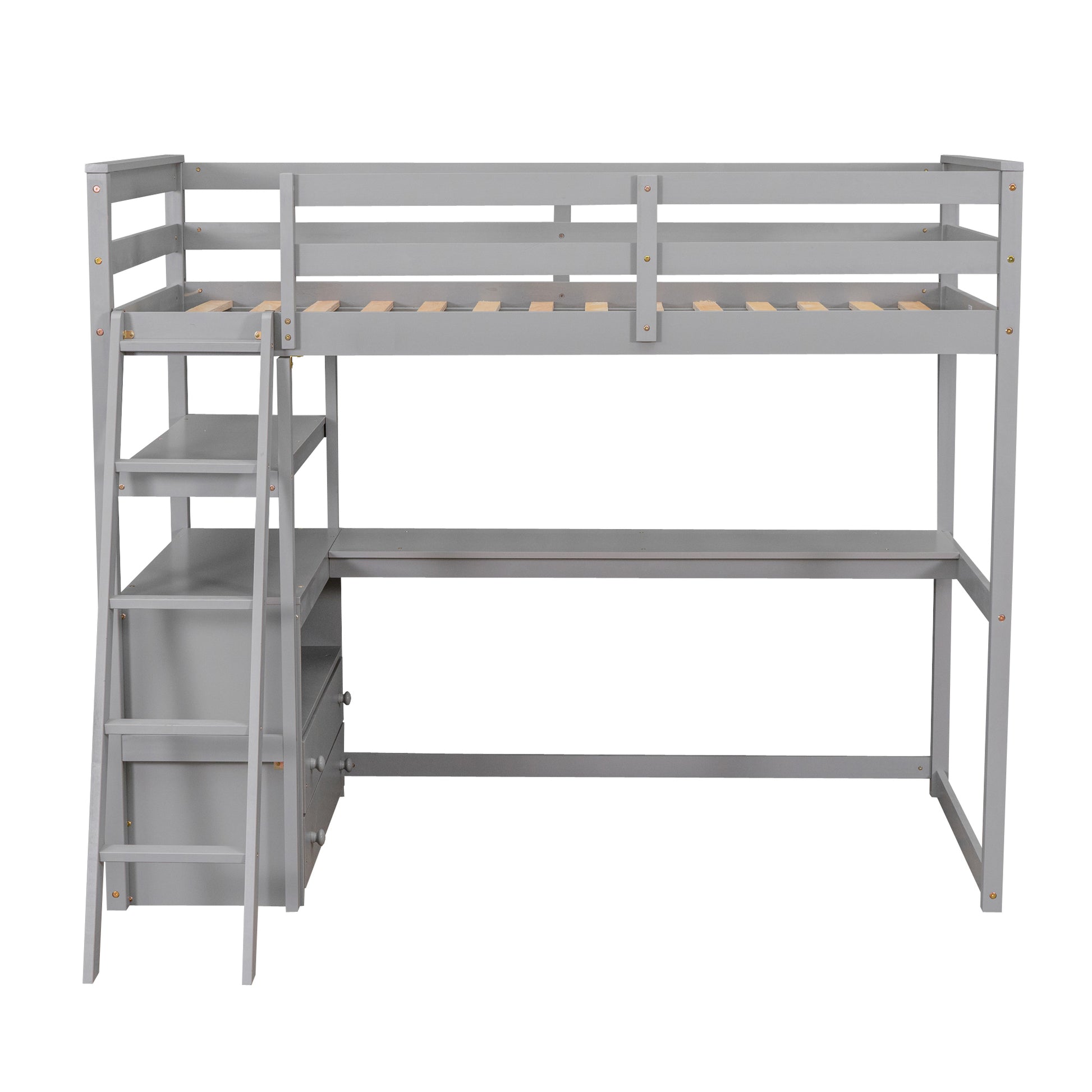 Twin Size Loft Bed With Desk And Shelves, Two Built In Drawers, Gray Old Sku:Gx000803Aae 1 Gray Pine