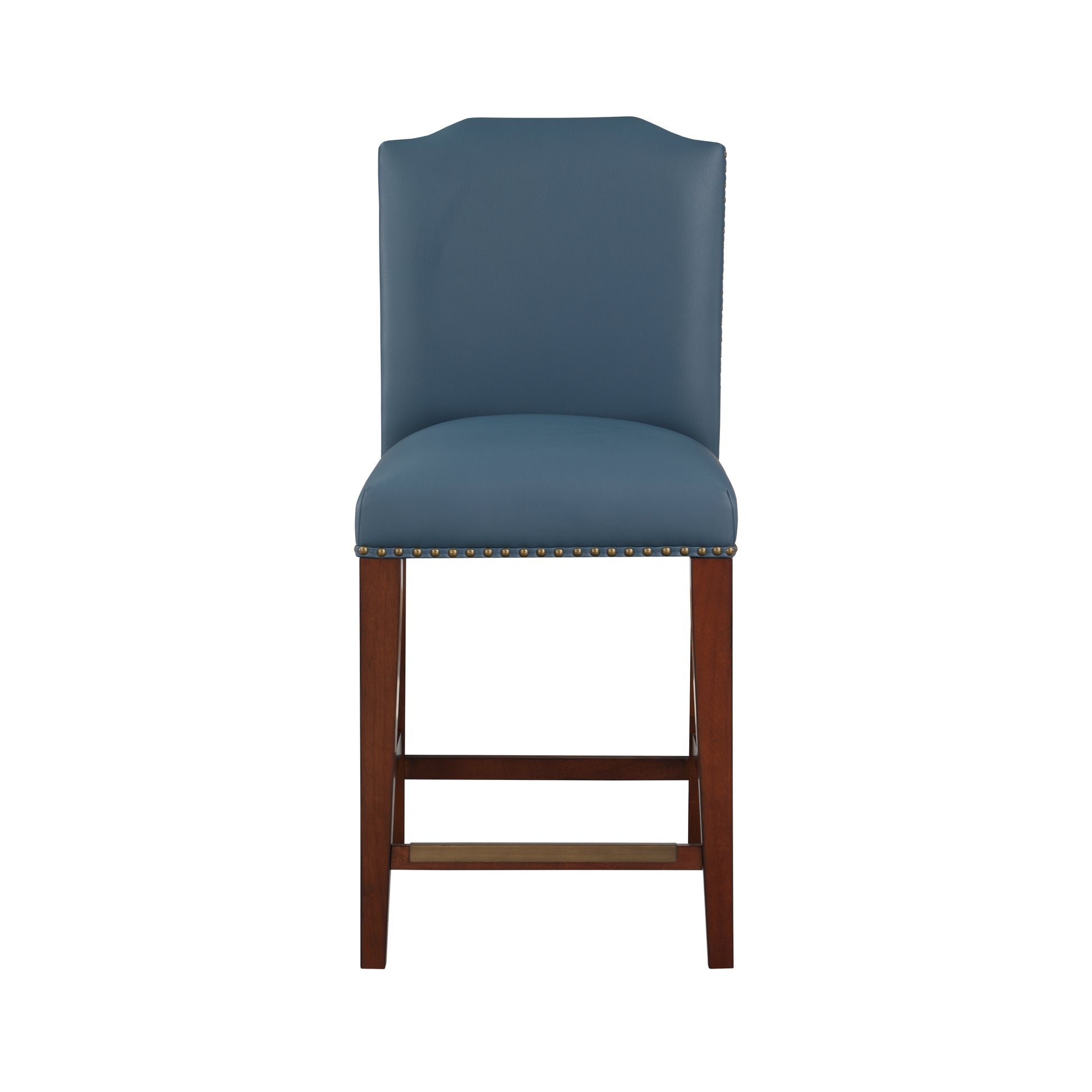 Blaire Stationary Blue Faux Leather Counter Stool With Nail Heads Blue Foam Fabric
