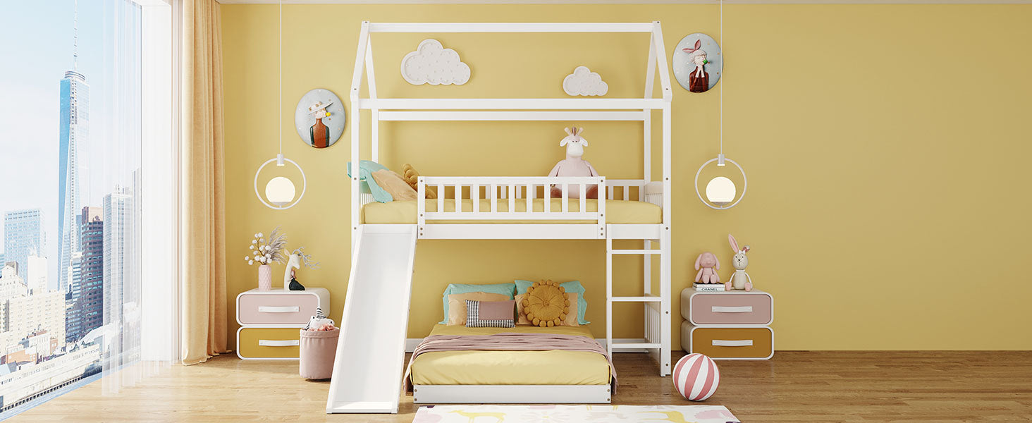 Twin Over Twin Bunk Bed With Slide, House Bed With Slide, White Old Sku: Lt000214Aak White Solid Wood