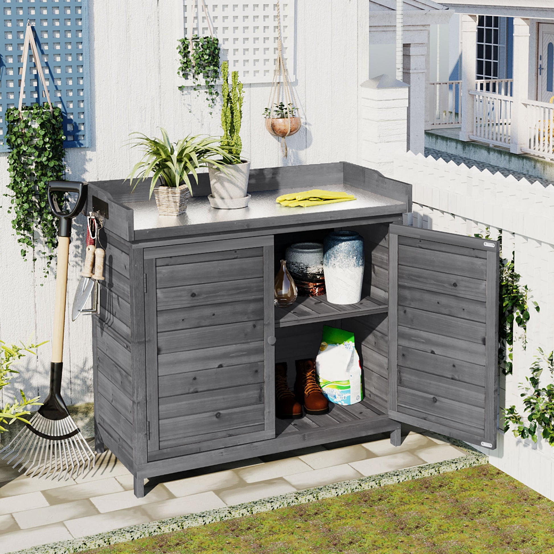 Outdoor 39" Potting Bench Table, Rustic Garden Wood Workstation Storage Cabinet Garden Shed With 2 Tier Shelves And Side Hook, Grey Grey Garden & Outdoor Casual Wood Solid Wood