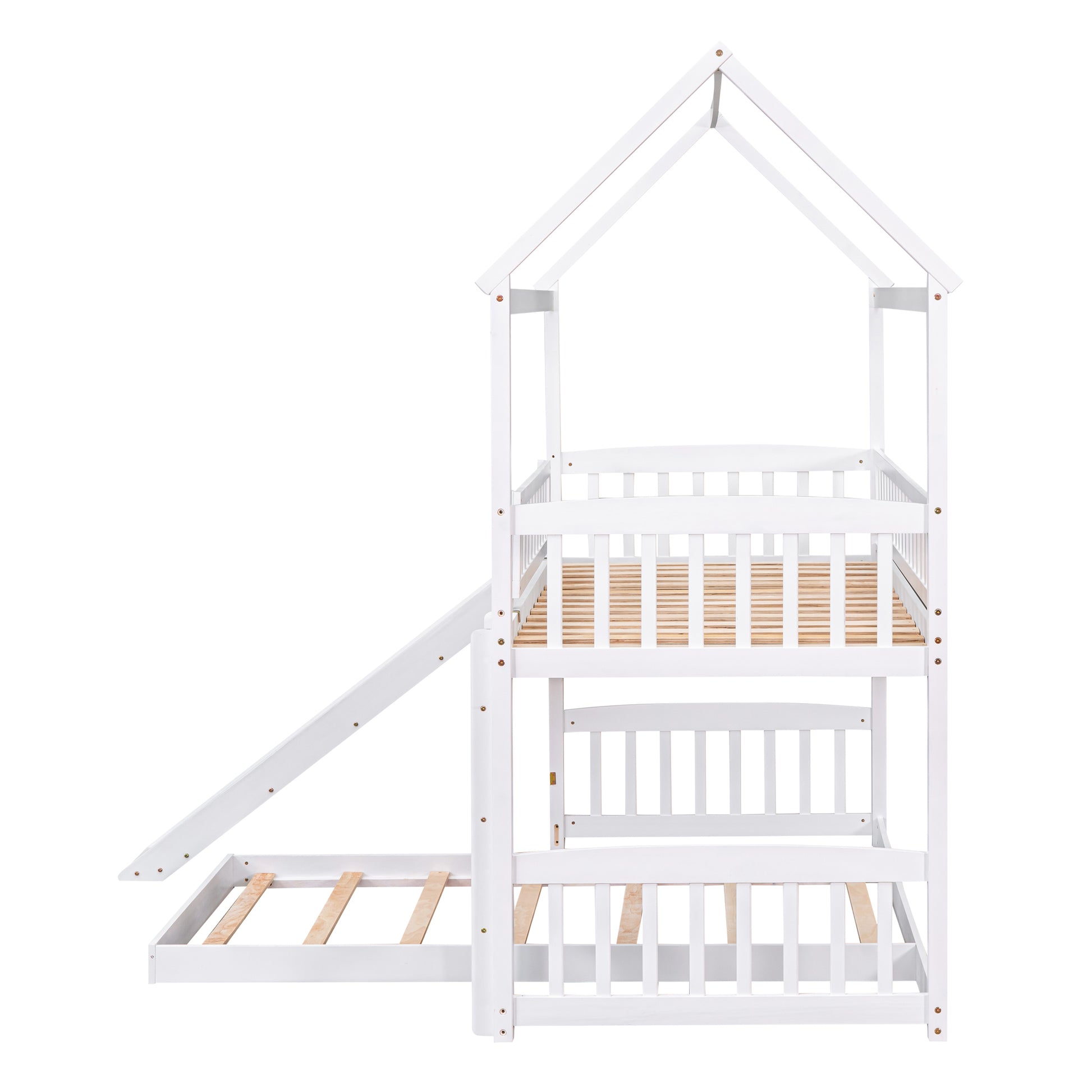 Twin Over Twin Bunk Bed With Slide, House Bed With Slide, White Old Sku: Lt000214Aak White Solid Wood