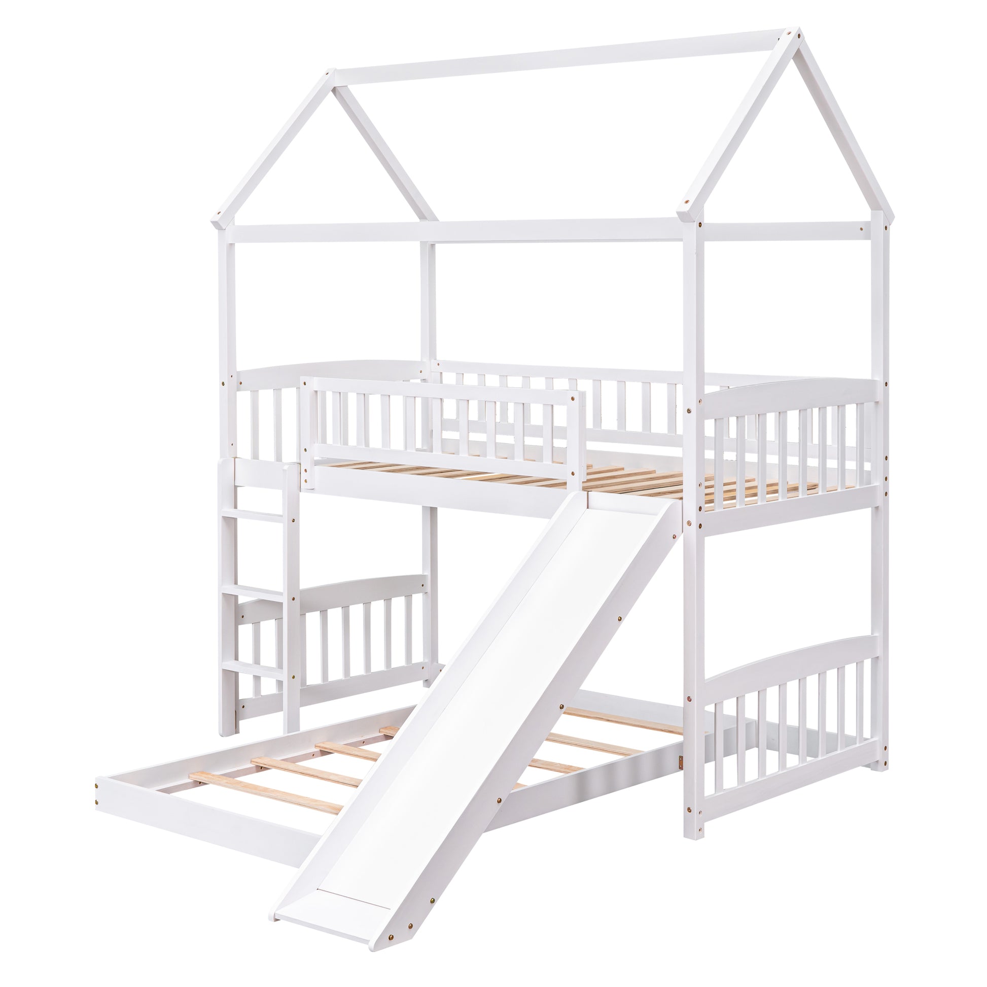 Twin Over Twin Bunk Bed With Slide, House Bed With Slide, White Old Sku: Lt000214Aak White Solid Wood