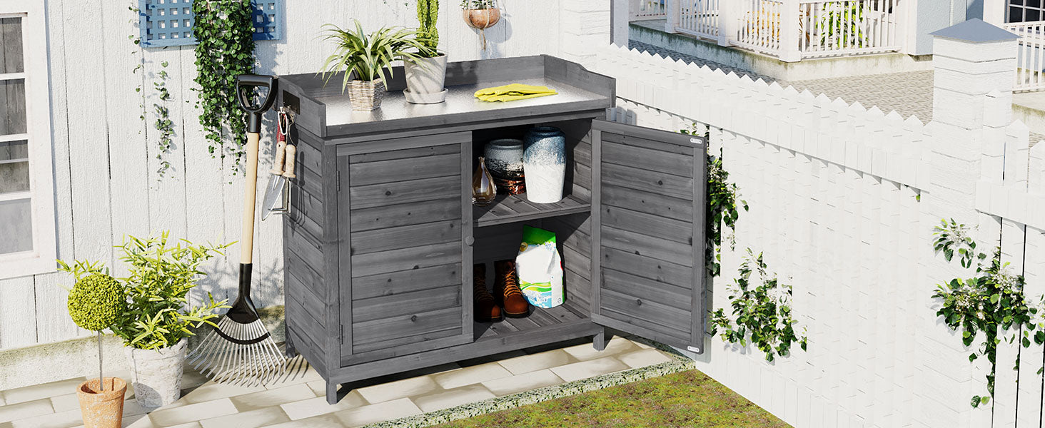 Outdoor 39" Potting Bench Table, Rustic Garden Wood Workstation Storage Cabinet Garden Shed With 2 Tier Shelves And Side Hook, Grey Grey Garden & Outdoor Casual Wood Solid Wood