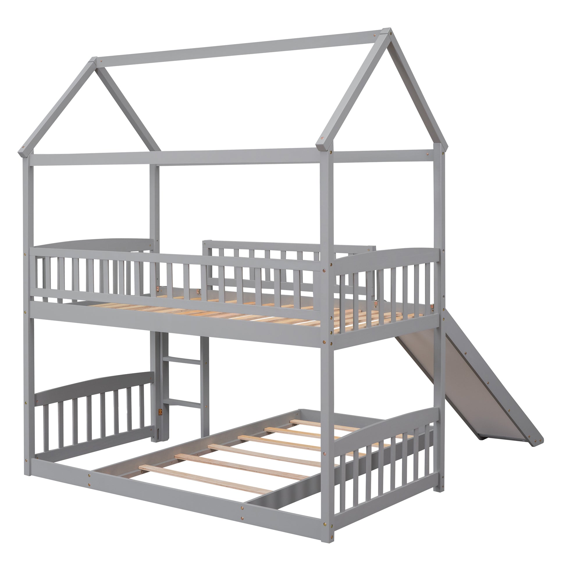 Twin Over Twin Bunk Bed With Slide, House Bed With Slide, Gray Old Sku: Lt000214Aae Gray Solid Wood