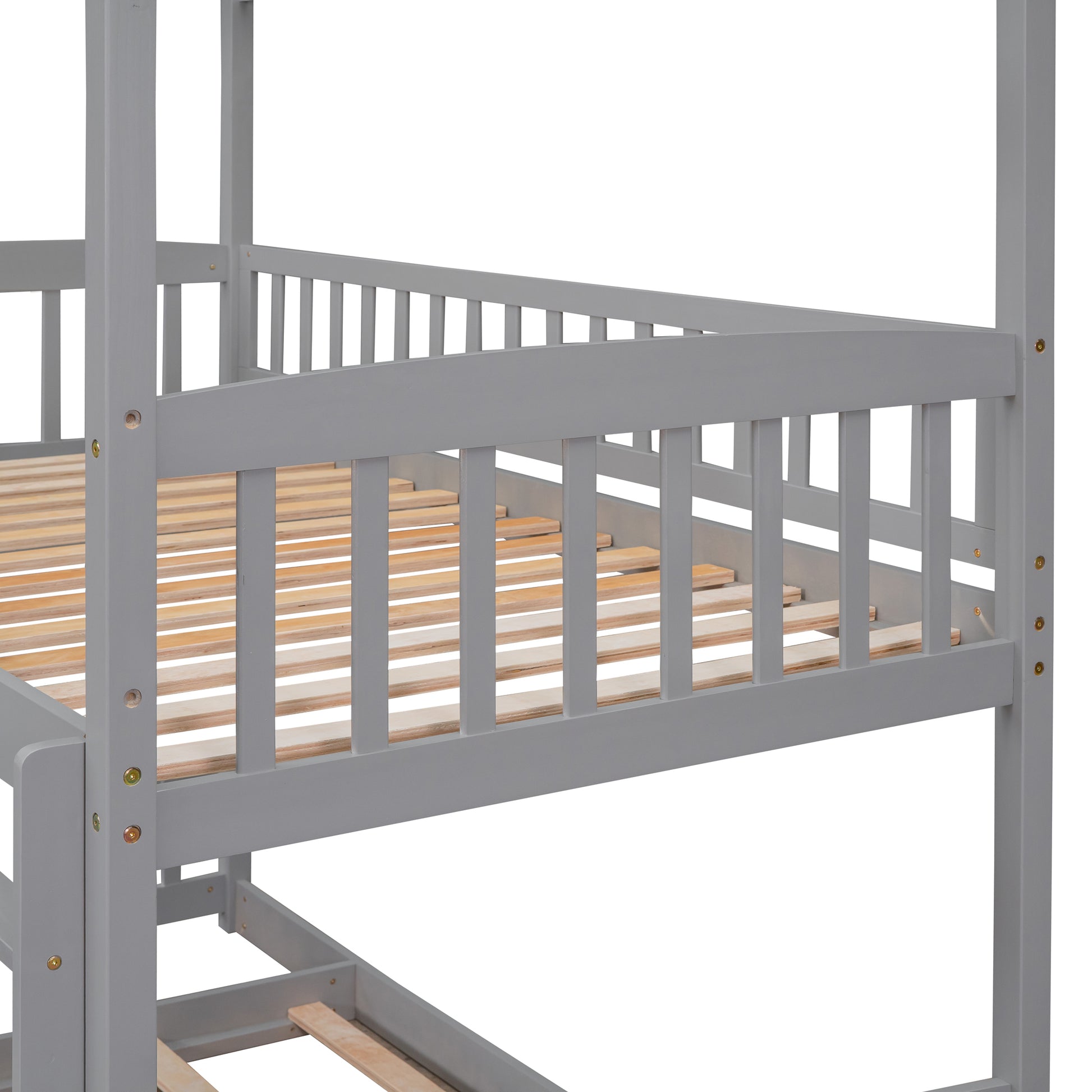 Twin Over Twin Bunk Bed With Slide, House Bed With Slide, Gray Old Sku: Lt000214Aae Gray Solid Wood