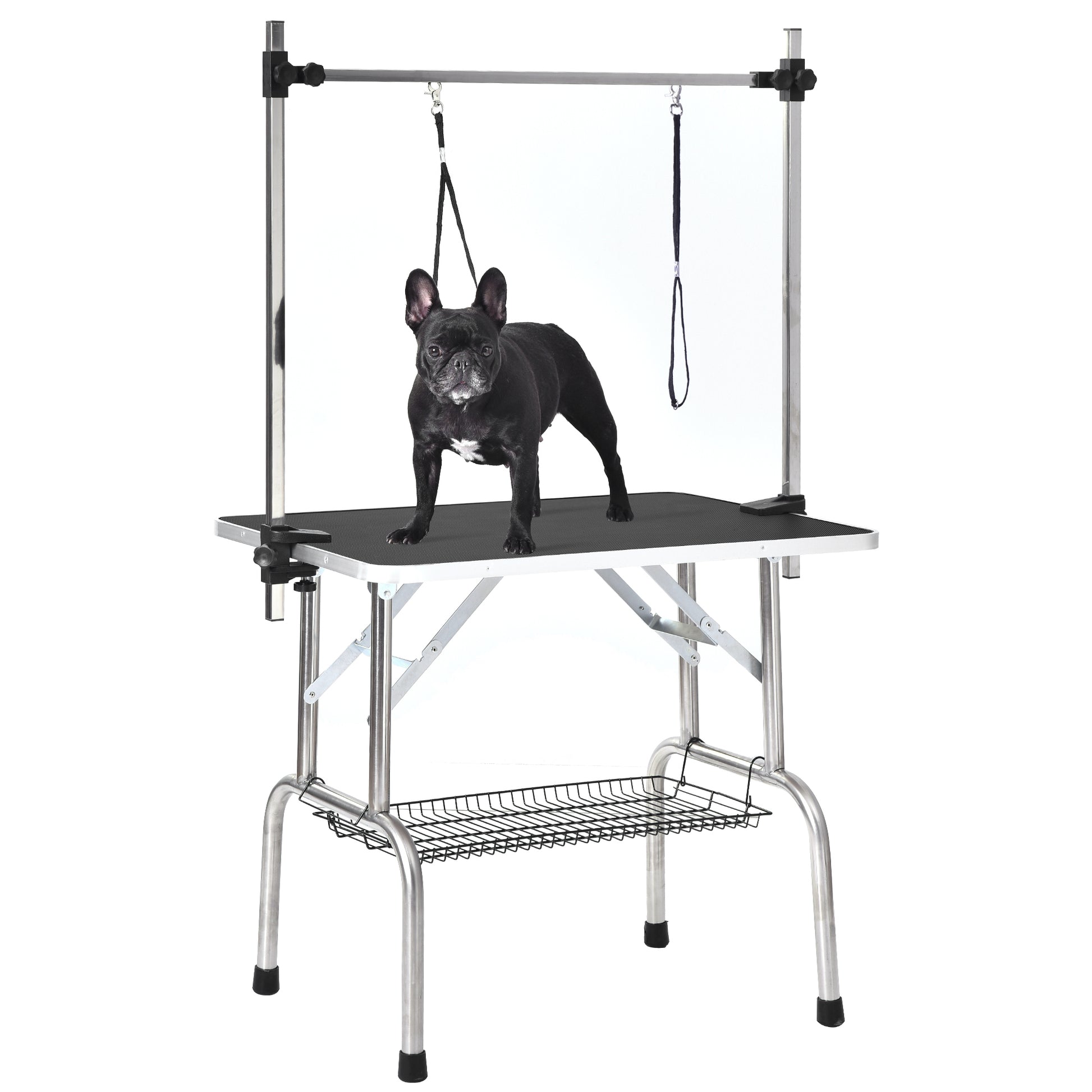 High Quality Folding Pet Grooming Table Stainless Legs And Arms Black Rubber Top Storage Basket Black Wood Stainless Steel