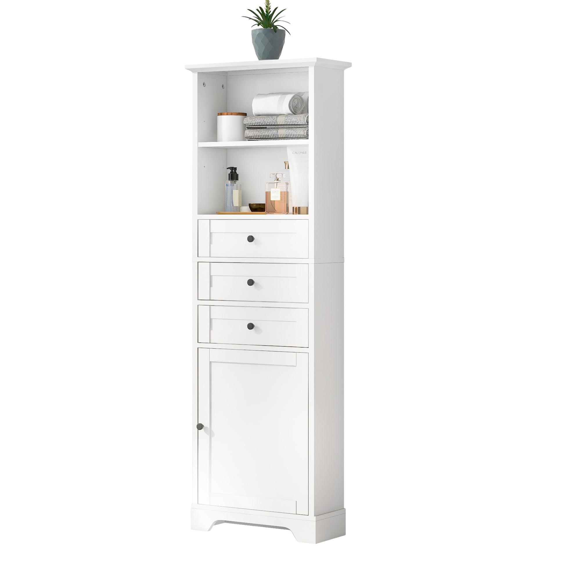 White Tall Storage Cabinet With 3 Drawers And Adjustable Shelves For Bathroom, Kitchen And Living Room, Mdf Board With Painted Finish White Mdf