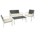 4 Pieces Patio Garden Sofa Conversation Set Wood Grain Design Pe Steel Frame Loveseat All Weather Outdoor Furniture Set With Cushions Coffee Table For Backyard Balcony Lawn White White Steel