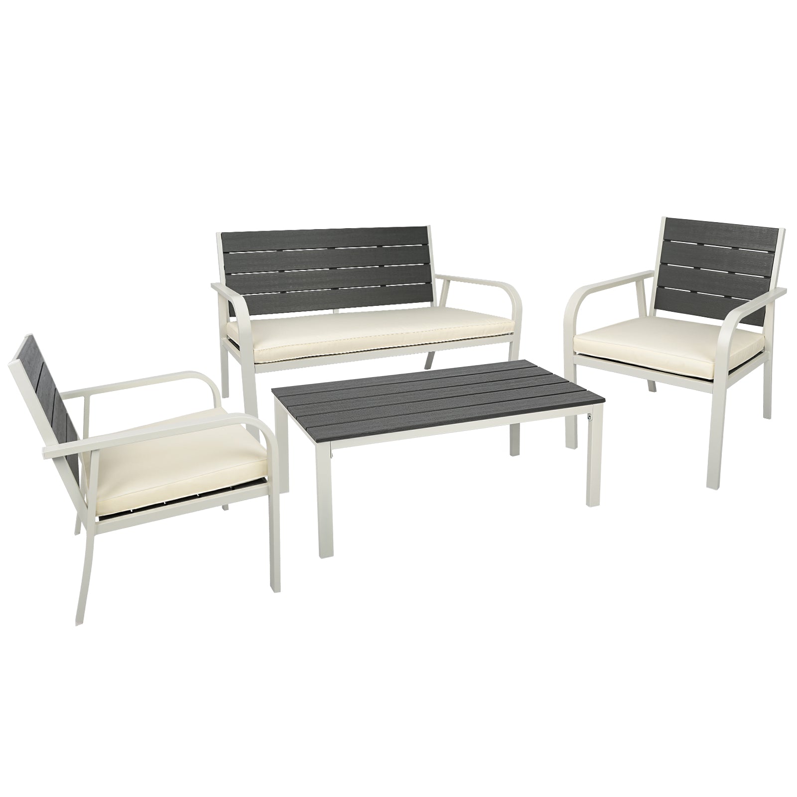 4 Pieces Patio Garden Sofa Conversation Set Wood Grain Design Pe Steel Frame Loveseat All Weather Outdoor Furniture Set With Cushions Coffee Table For Backyard Balcony Lawn White White Steel