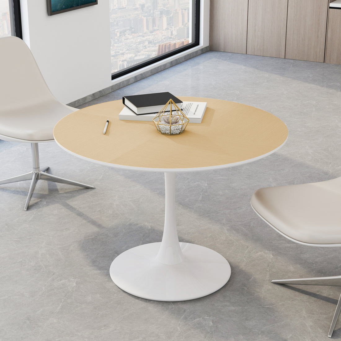 42"Modern Round Dining Table With Printed Wood Grain Table Top,Metal Base Dining Table, End Table Leisure Coffee Table Natural Mdf