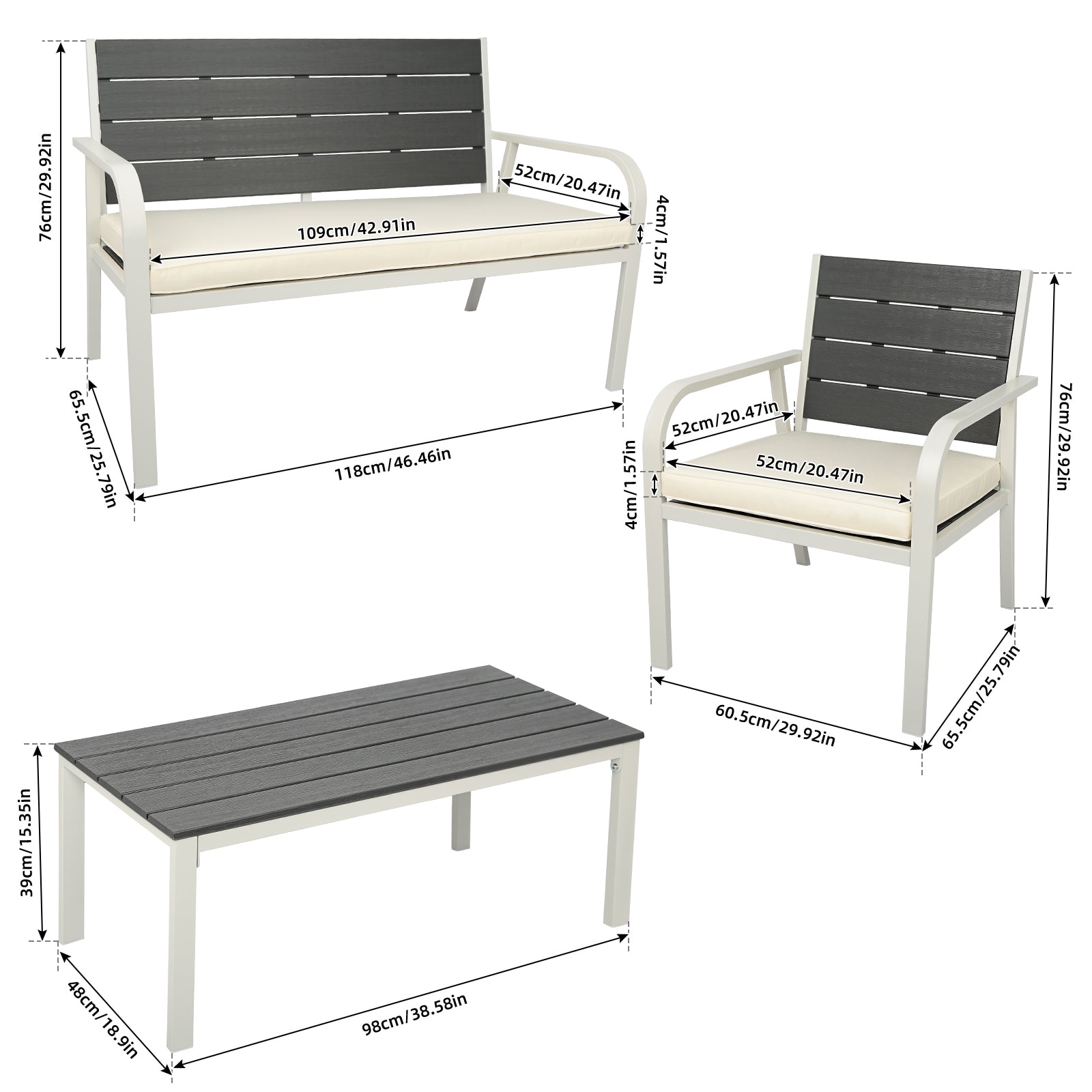 4 Pieces Patio Garden Sofa Conversation Set Wood Grain Design Pe Steel Frame Loveseat All Weather Outdoor Furniture Set With Cushions Coffee Table For Backyard Balcony Lawn White White Steel