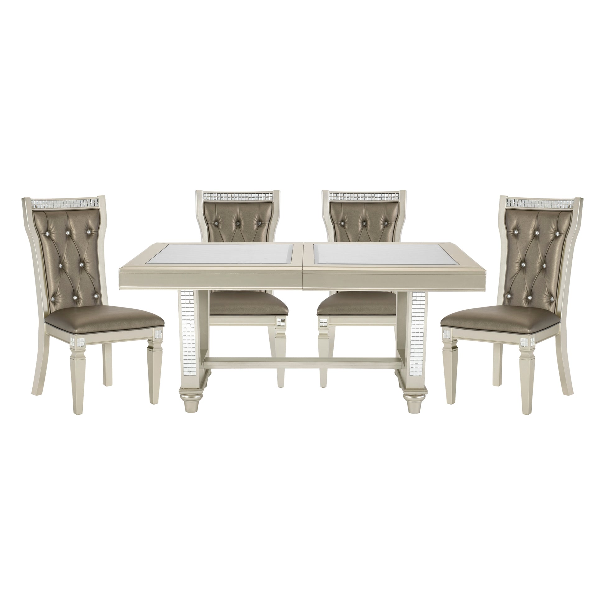 Glamorous Style Dining 5Pc Set Champagne Finish Table W Leaf Glass Insert Top Upholstered Tufted 4X Side Chairs Traditional Dining Room Furniture Champagne Seats 4 Dining Room Extendable Glam,Modern Rectangular Dining Table With Chair Solid Wood