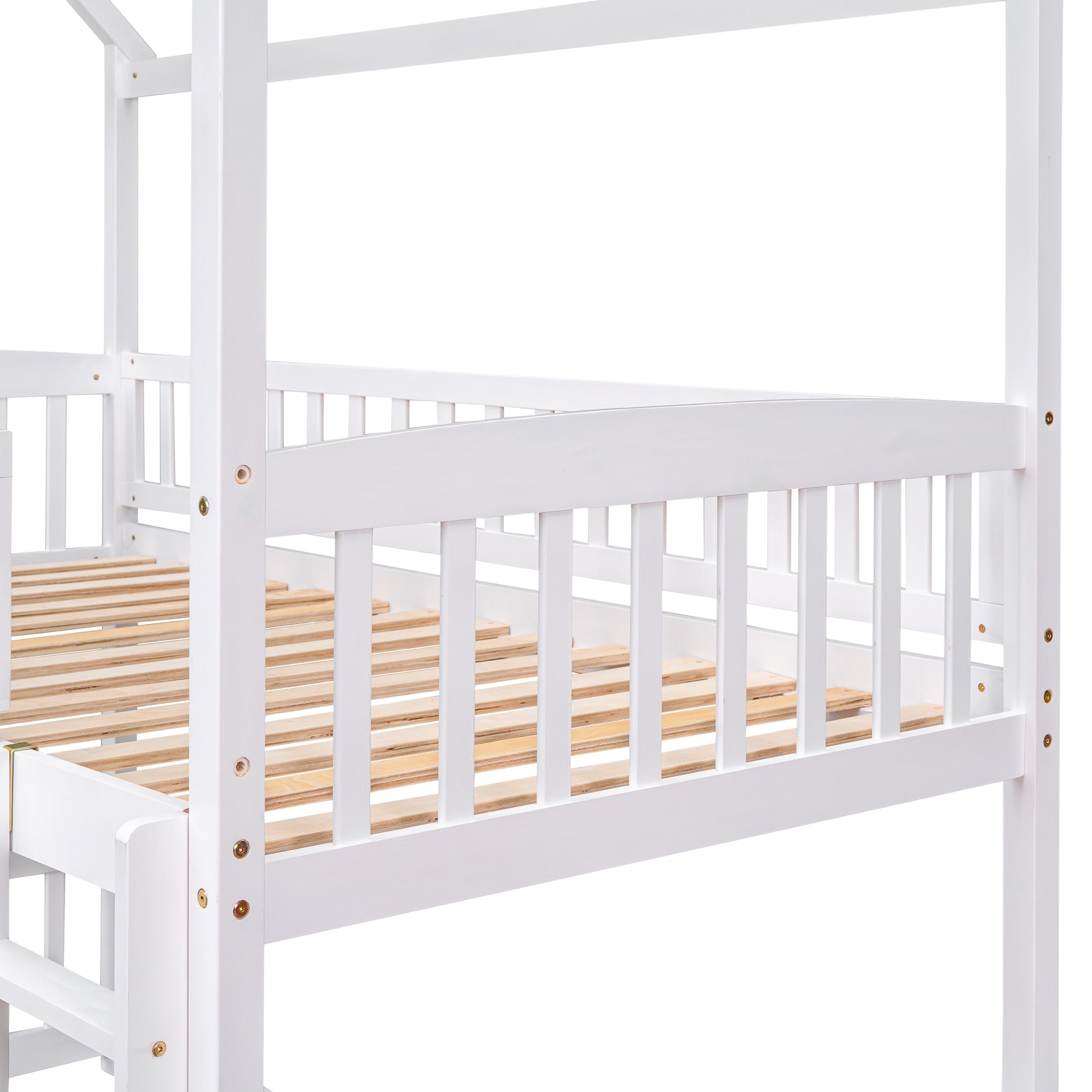 Twin Over Twin Bunk Bed With Slide, House Bed With Slide, White Old Sku: Lt000214Aak White Solid Wood