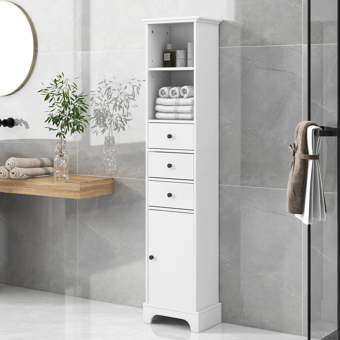 White Tall Bathroom Cabinet, Freestanding Storage Cabinet With 3 Drawers And Adjustable Shelf, Mdf Board With Painted Finish White Mdf