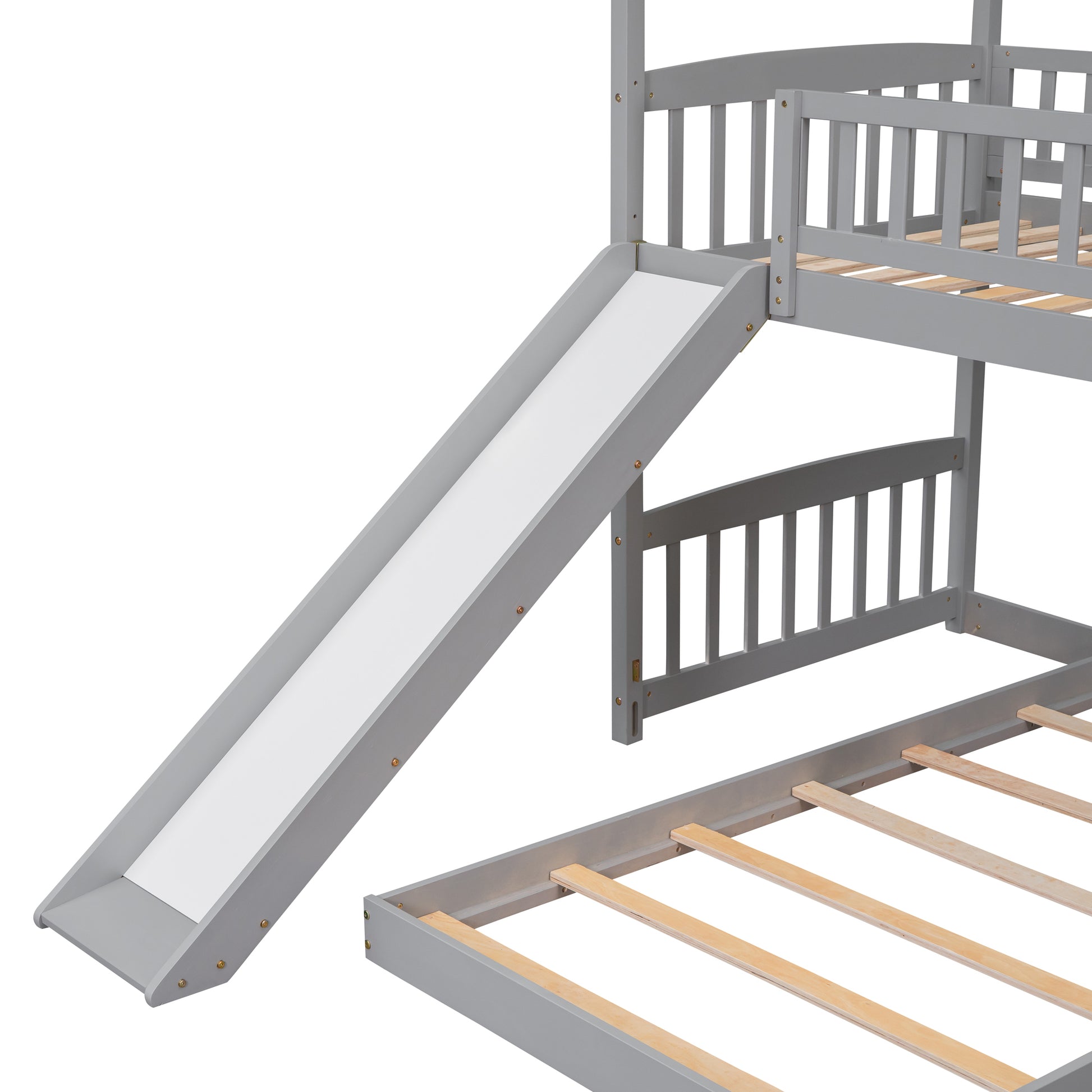 Twin Over Twin Bunk Bed With Slide, House Bed With Slide, Gray Old Sku: Lt000214Aae Gray Solid Wood