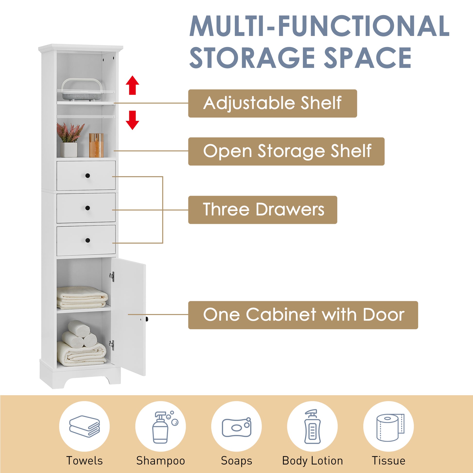 White Tall Bathroom Cabinet, Freestanding Storage Cabinet With 3 Drawers And Adjustable Shelf, Mdf Board With Painted Finish White Mdf