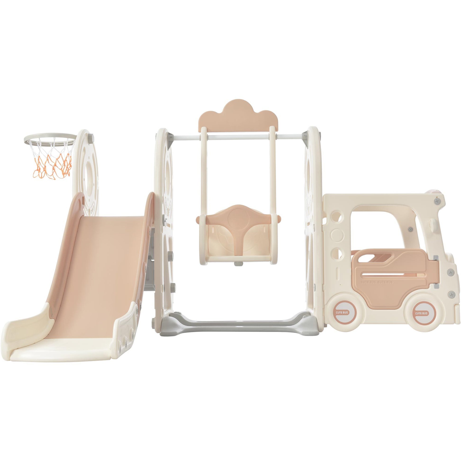 Kids Swing N Slide With Bus Play Structure, Freestanding Bus Toy With Slide&Swing For Toddlers, Bus Slide Set With Basketball Hoop Beige Hdpe