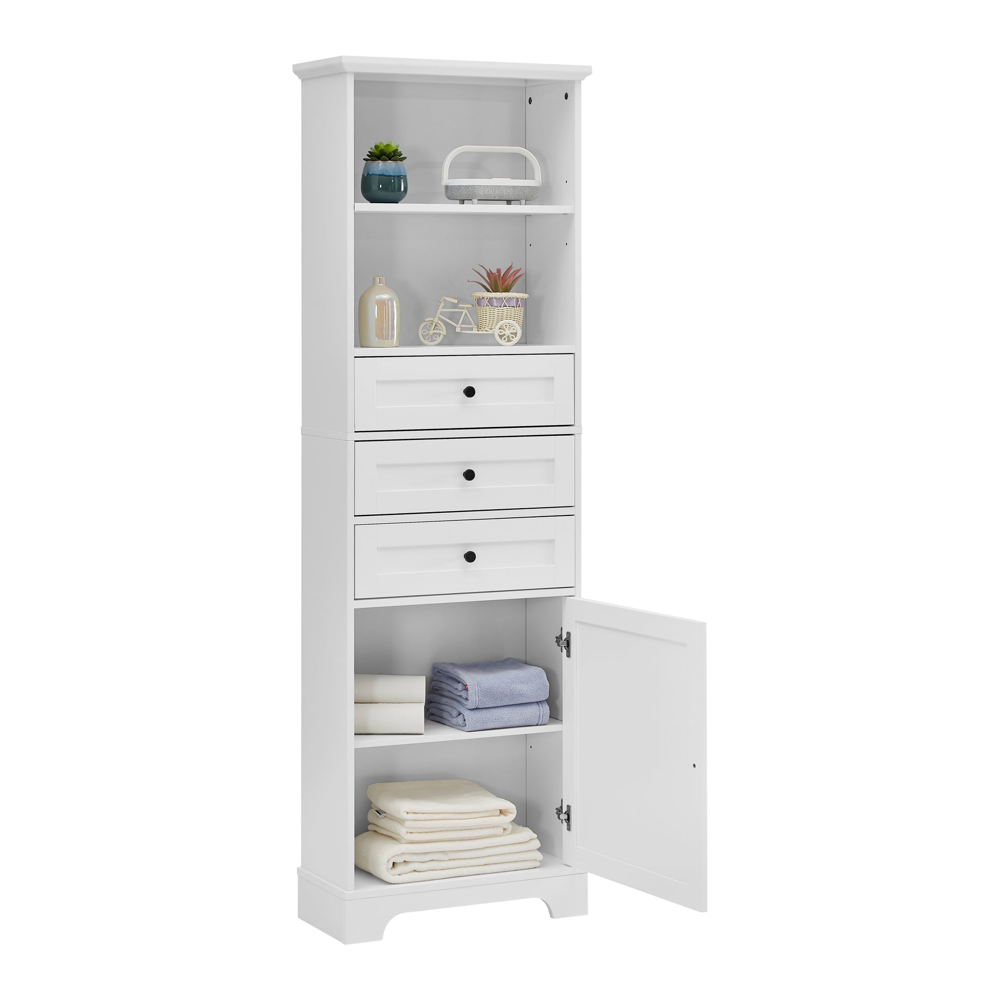 White Tall Storage Cabinet With 3 Drawers And Adjustable Shelves For Bathroom, Kitchen And Living Room, Mdf Board With Painted Finish White Mdf