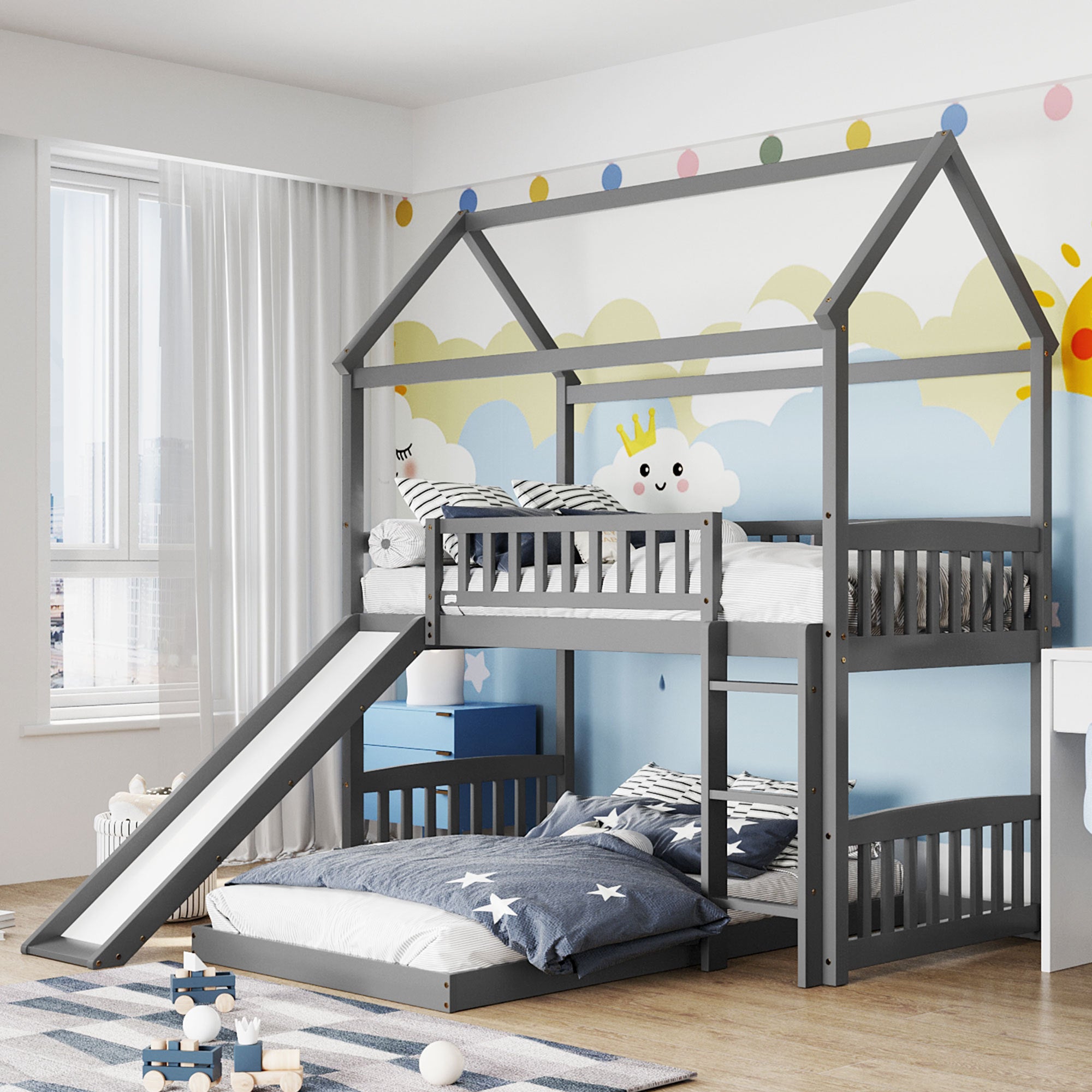 Twin Over Twin Bunk Bed With Slide, House Bed With Slide, Gray Old Sku: Lt000214Aae Gray Solid Wood