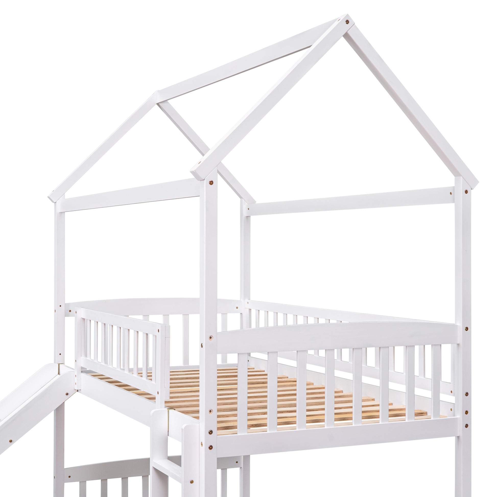 Twin Over Twin Bunk Bed With Slide, House Bed With Slide, White Old Sku: Lt000214Aak White Solid Wood